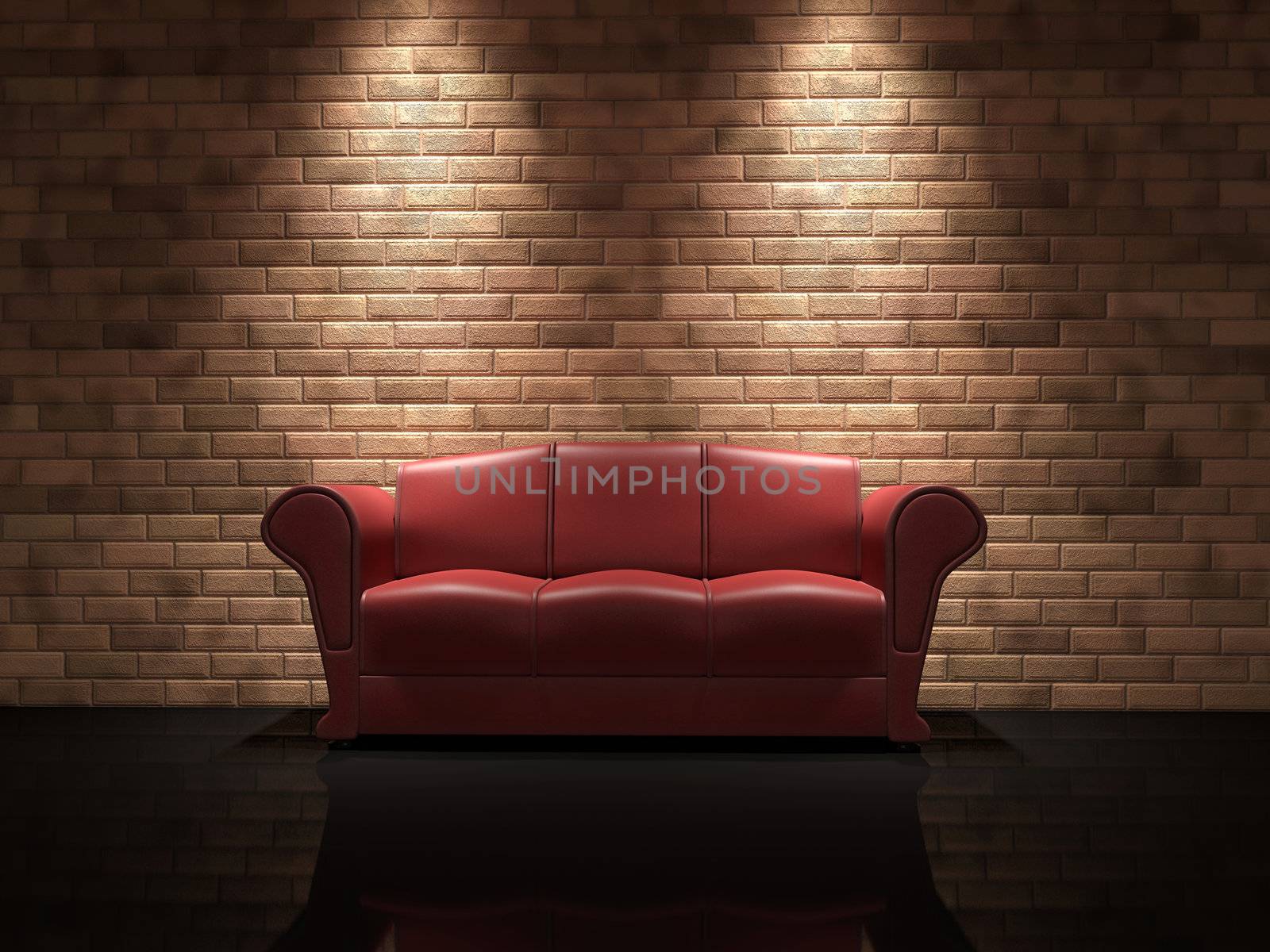 Red leather sofa near a brick wall