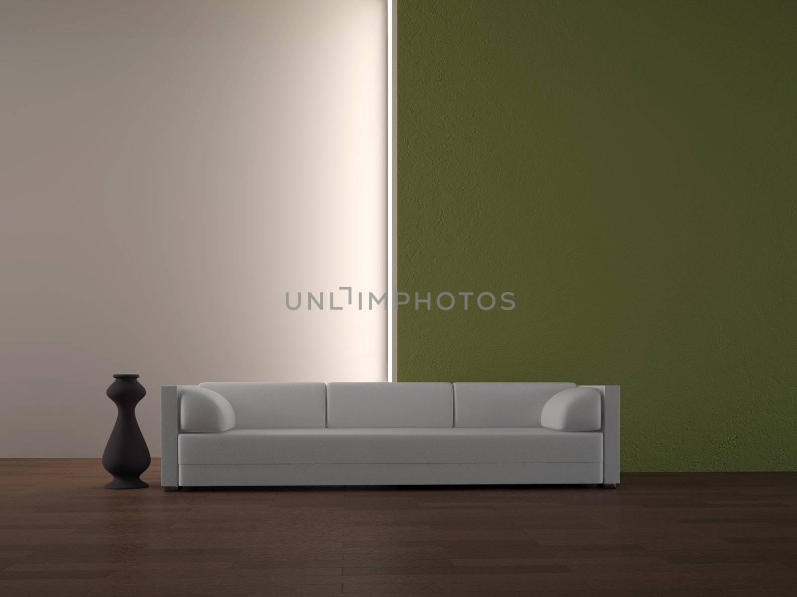 White sofa and vase near a wall
