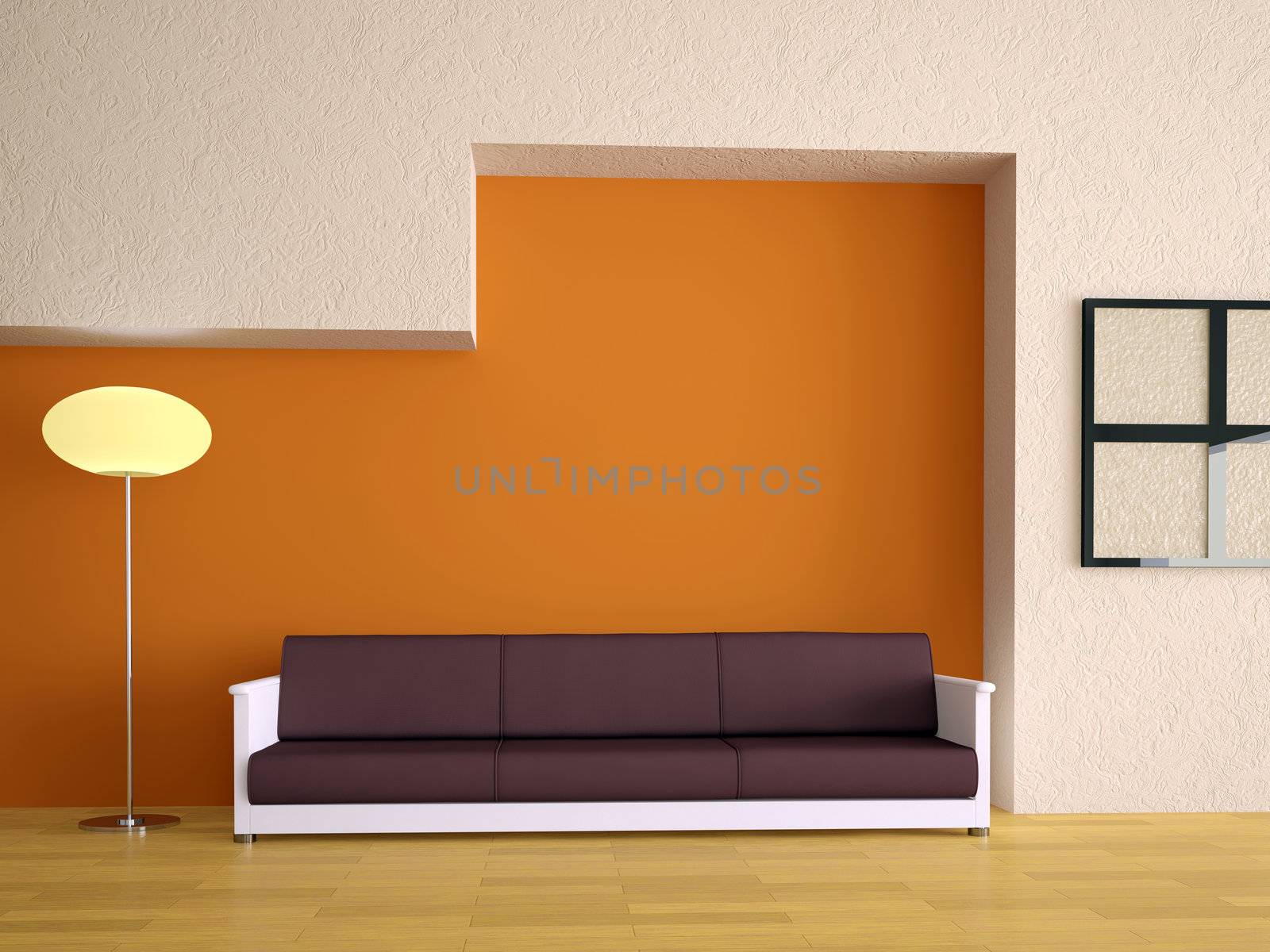 Sofa and lamp near a orange wall