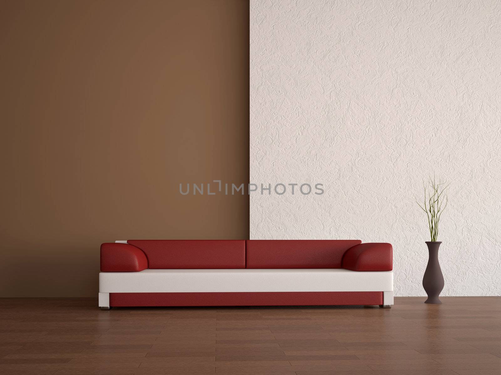 Leather sofa and vase near a wall