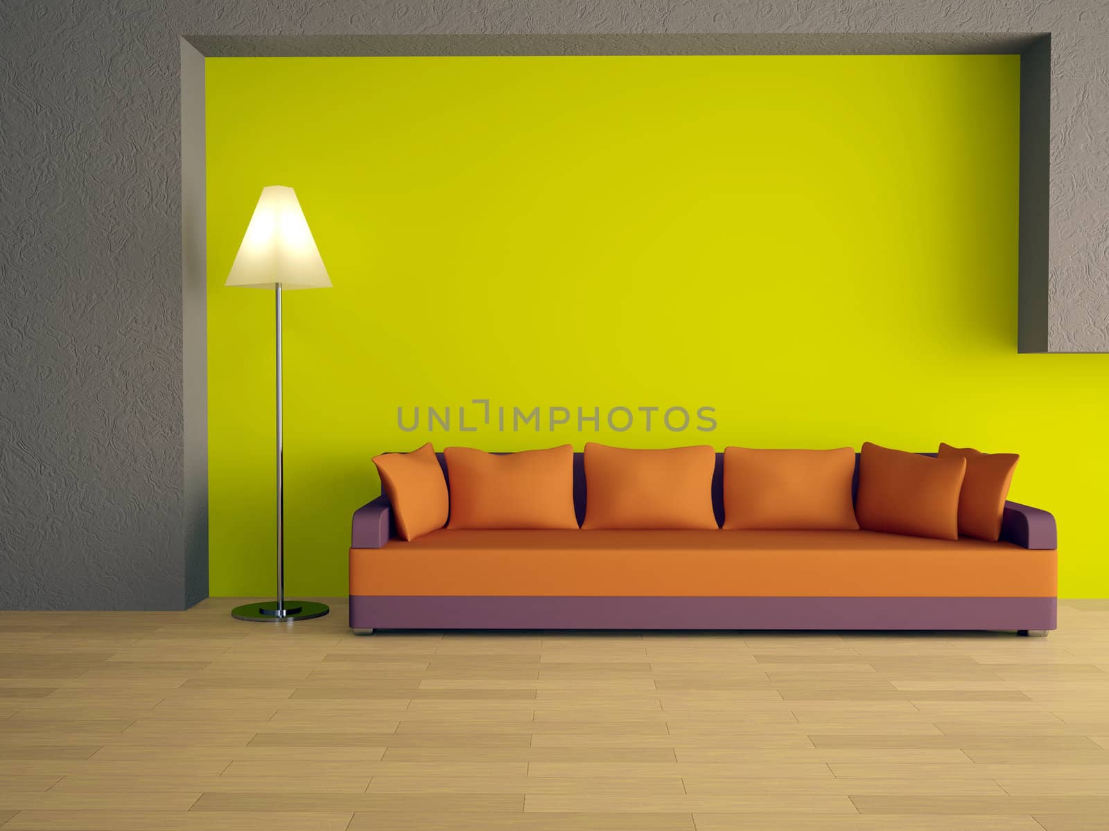Sofa with orange pillows near a green wall