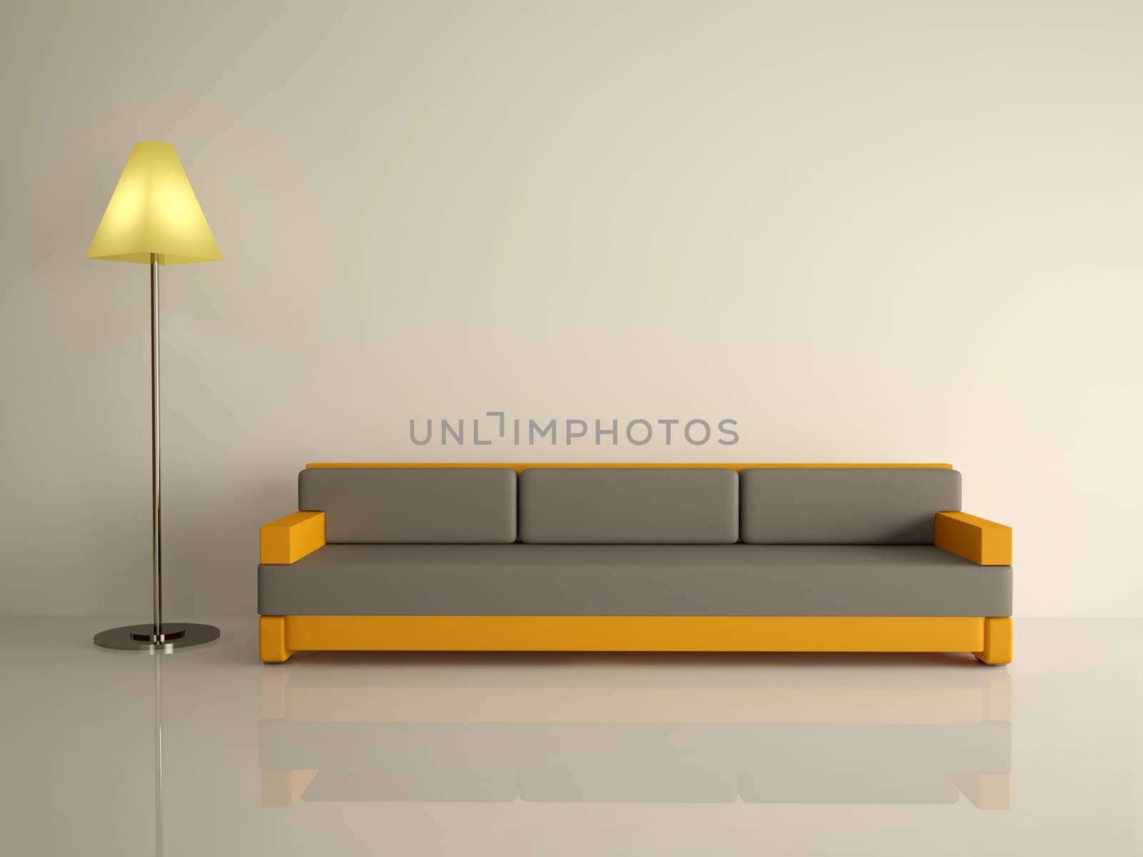 Leather sofa and lamp on a white floor