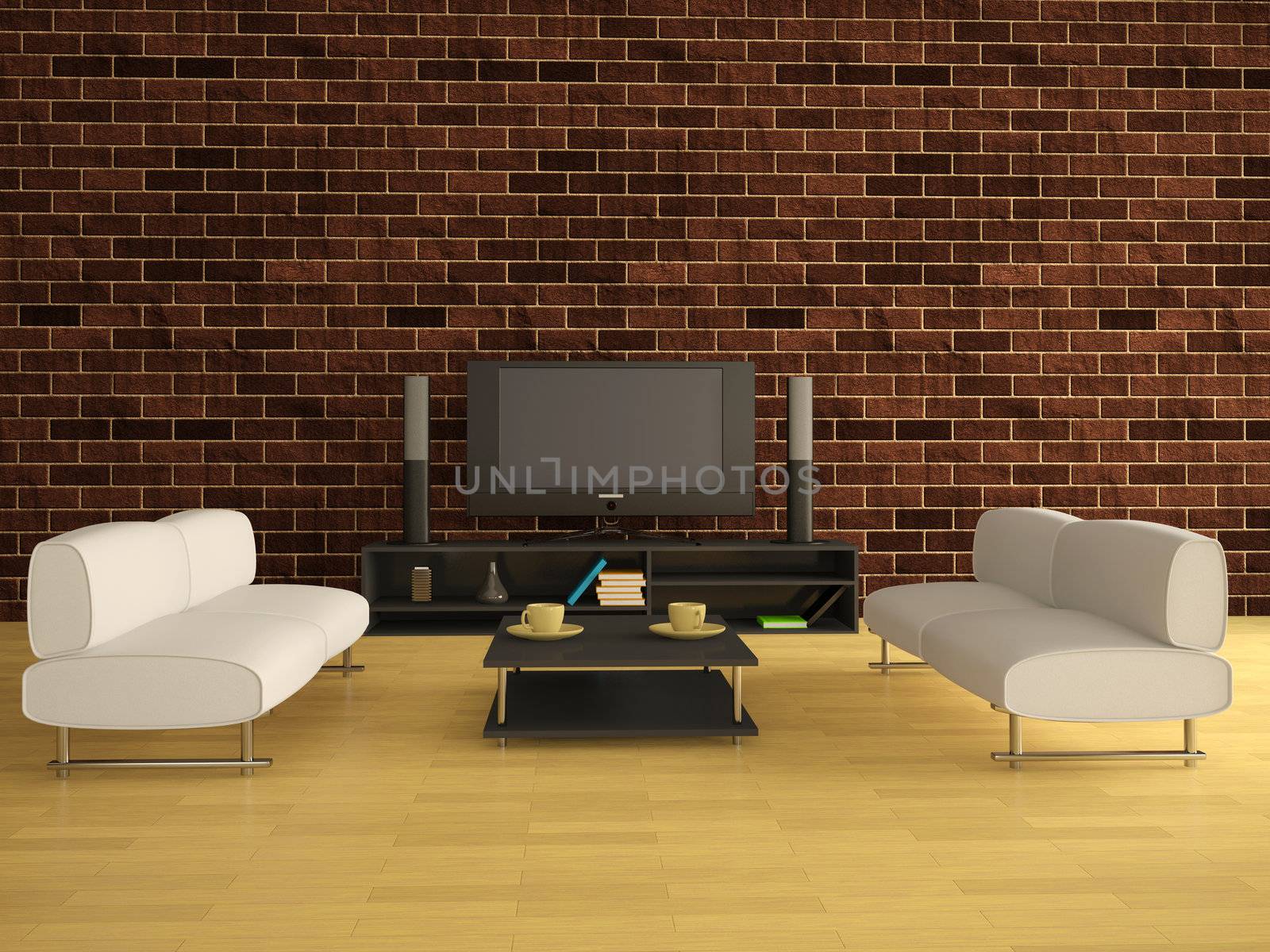 Interior of a big room with the TV