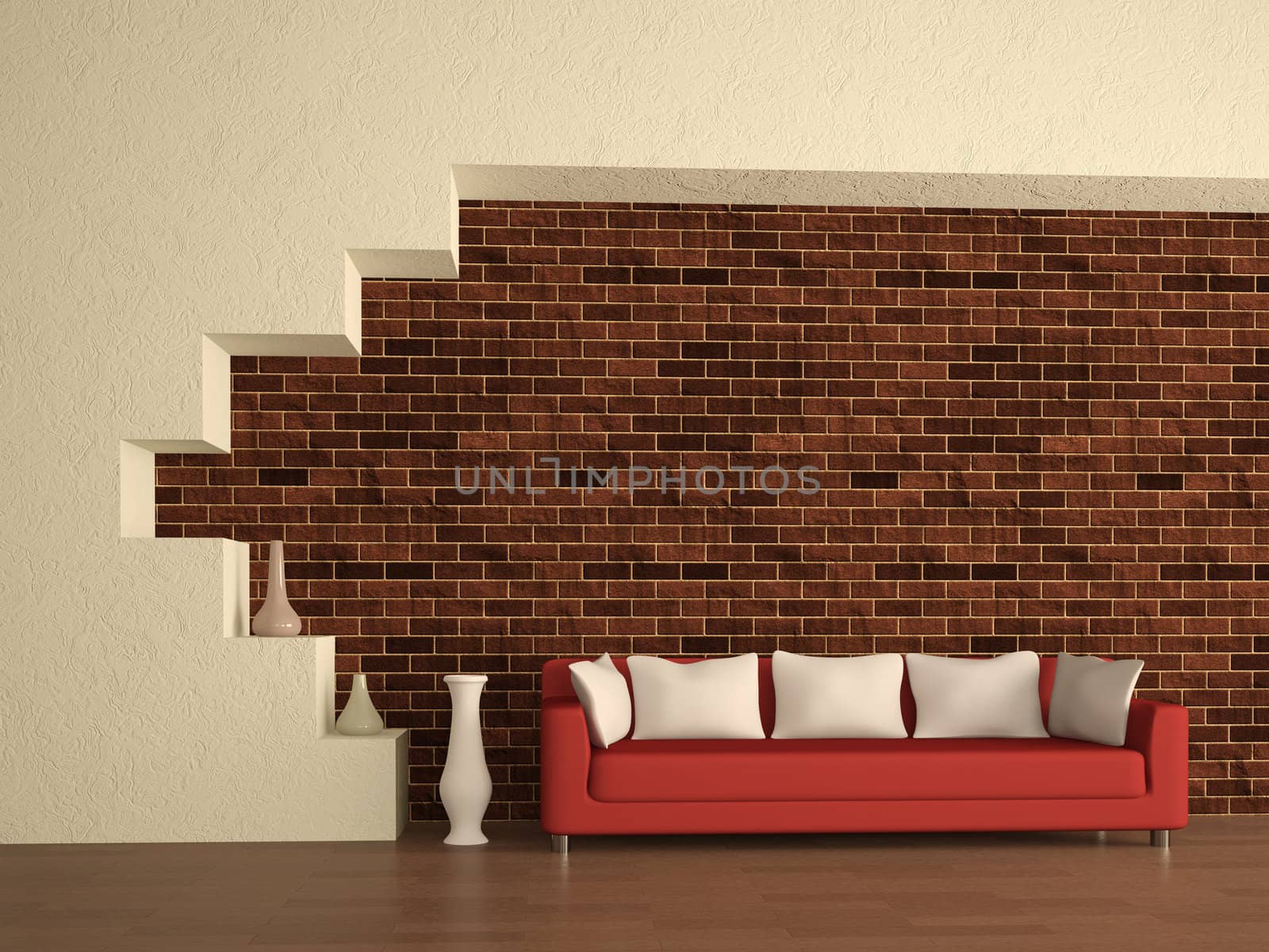 The red sofa near a brick wall