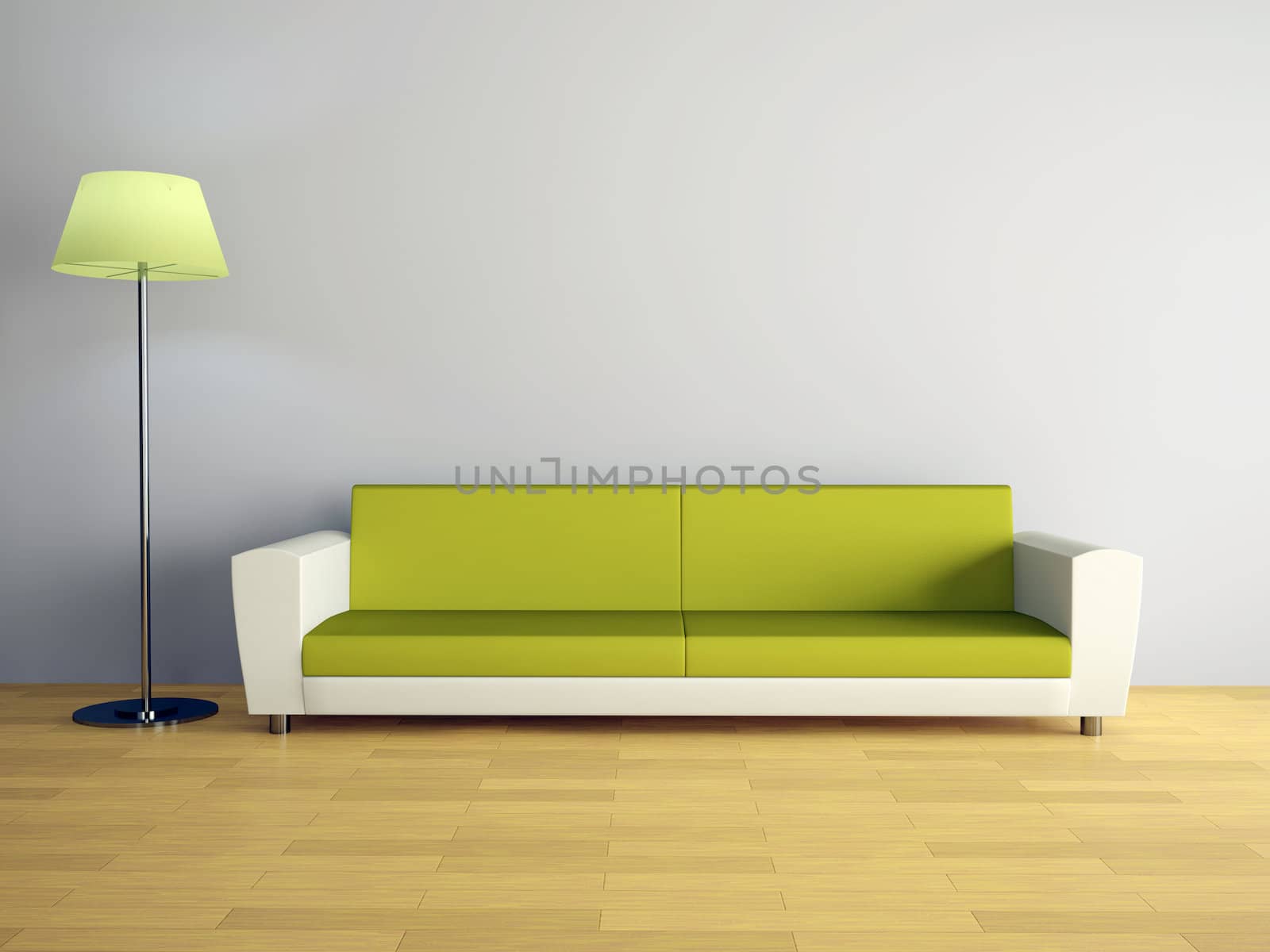 Room interior with a sofa and a lamp