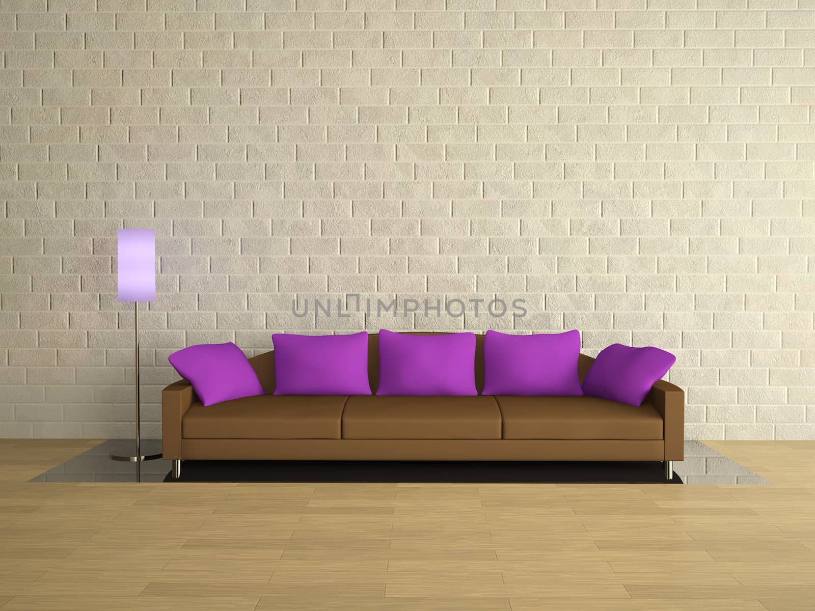 Brown sofa with lilac pillows near a brick wall