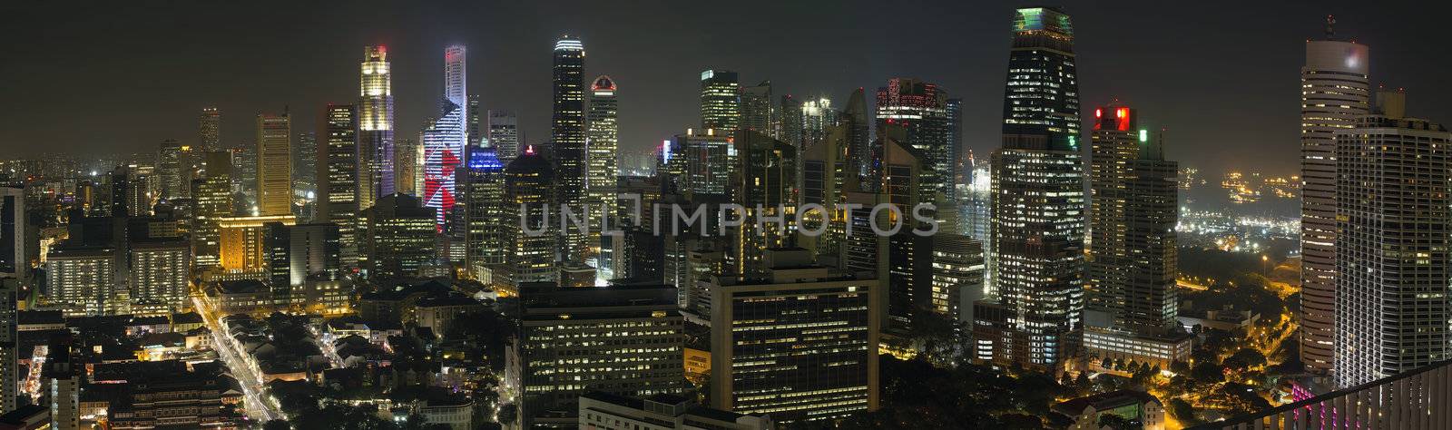 Singapore City Skyline with Central Financial District and Chinatown at Night Panorama