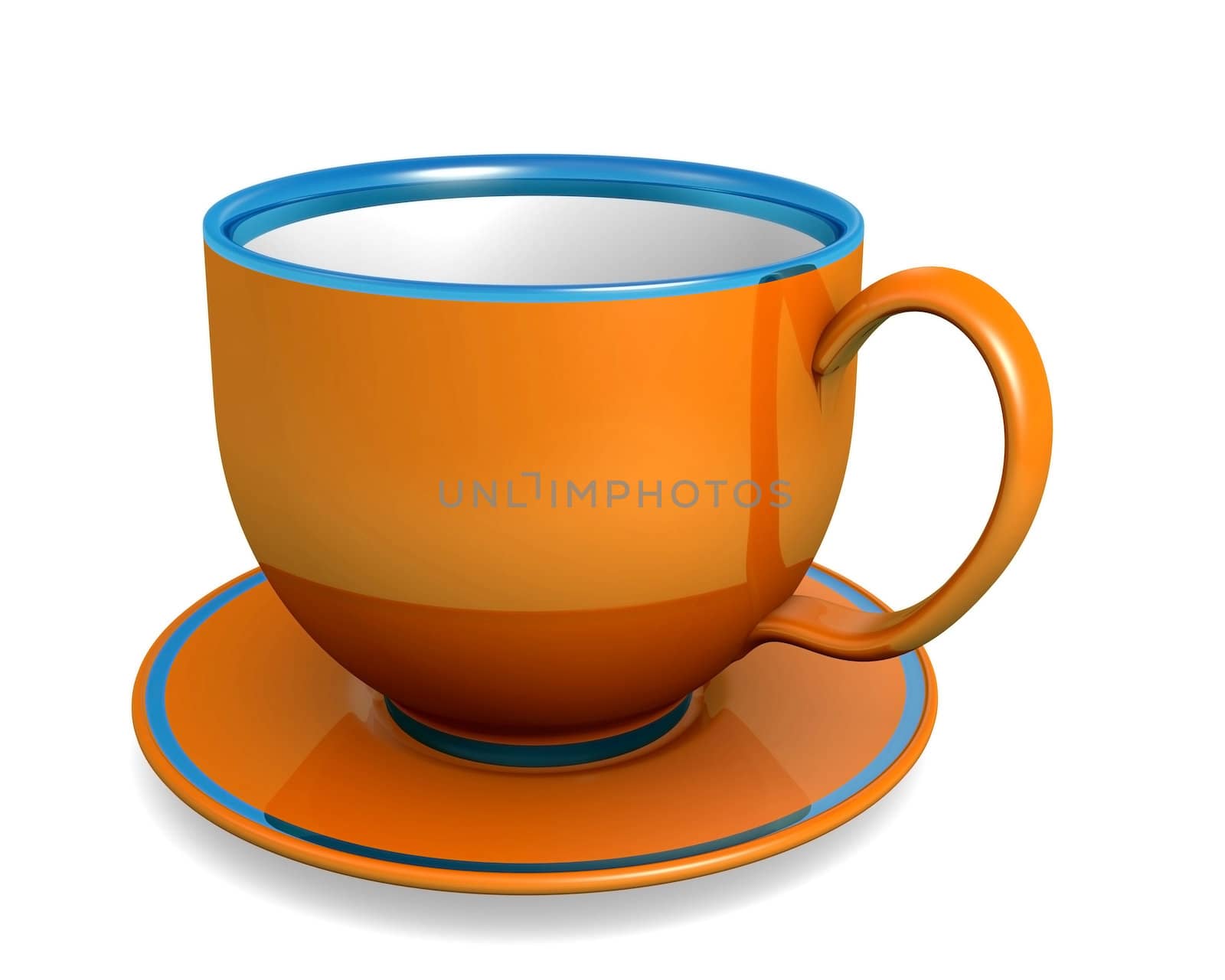 Cup, orange color over white. 3d illustration.