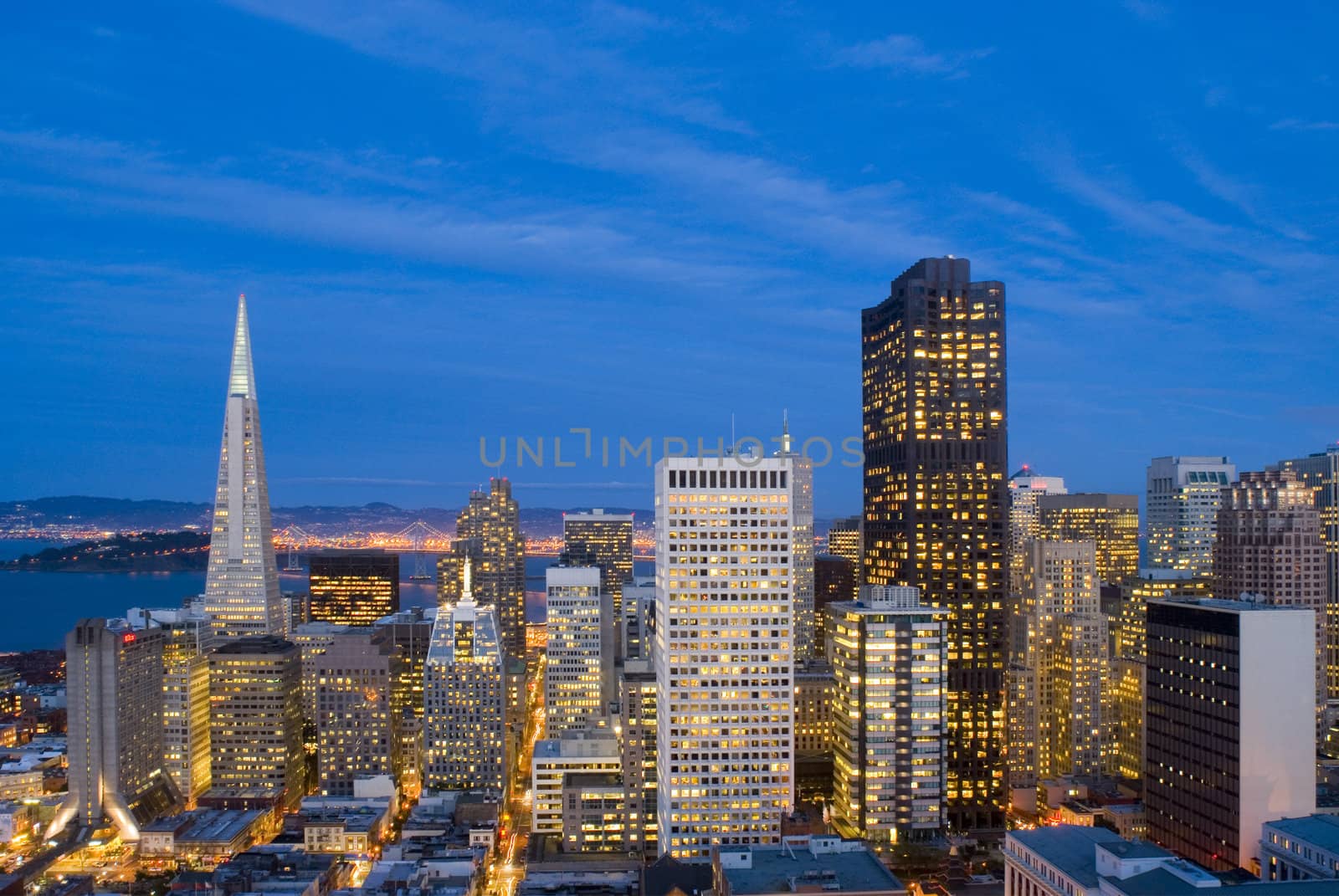 Spectacular evening view over the office buildings of downtown San Francisco
