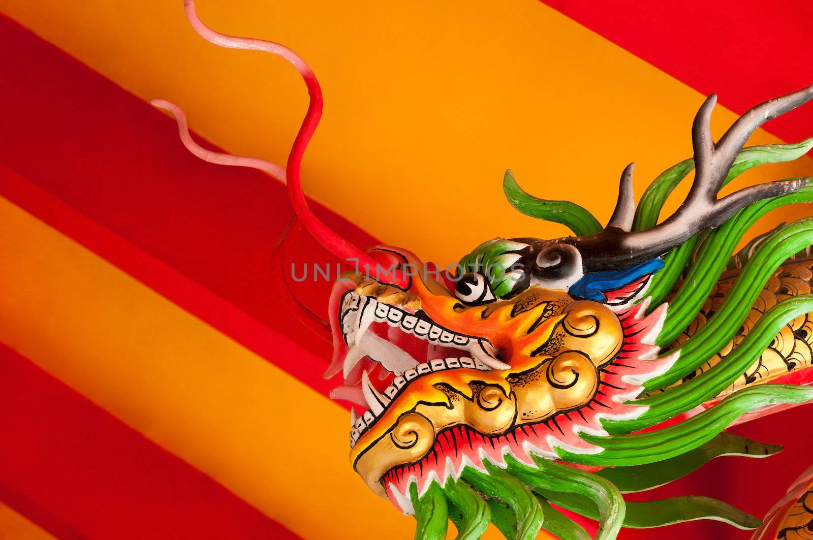 Chinese style dragon head with bright red and yellow background