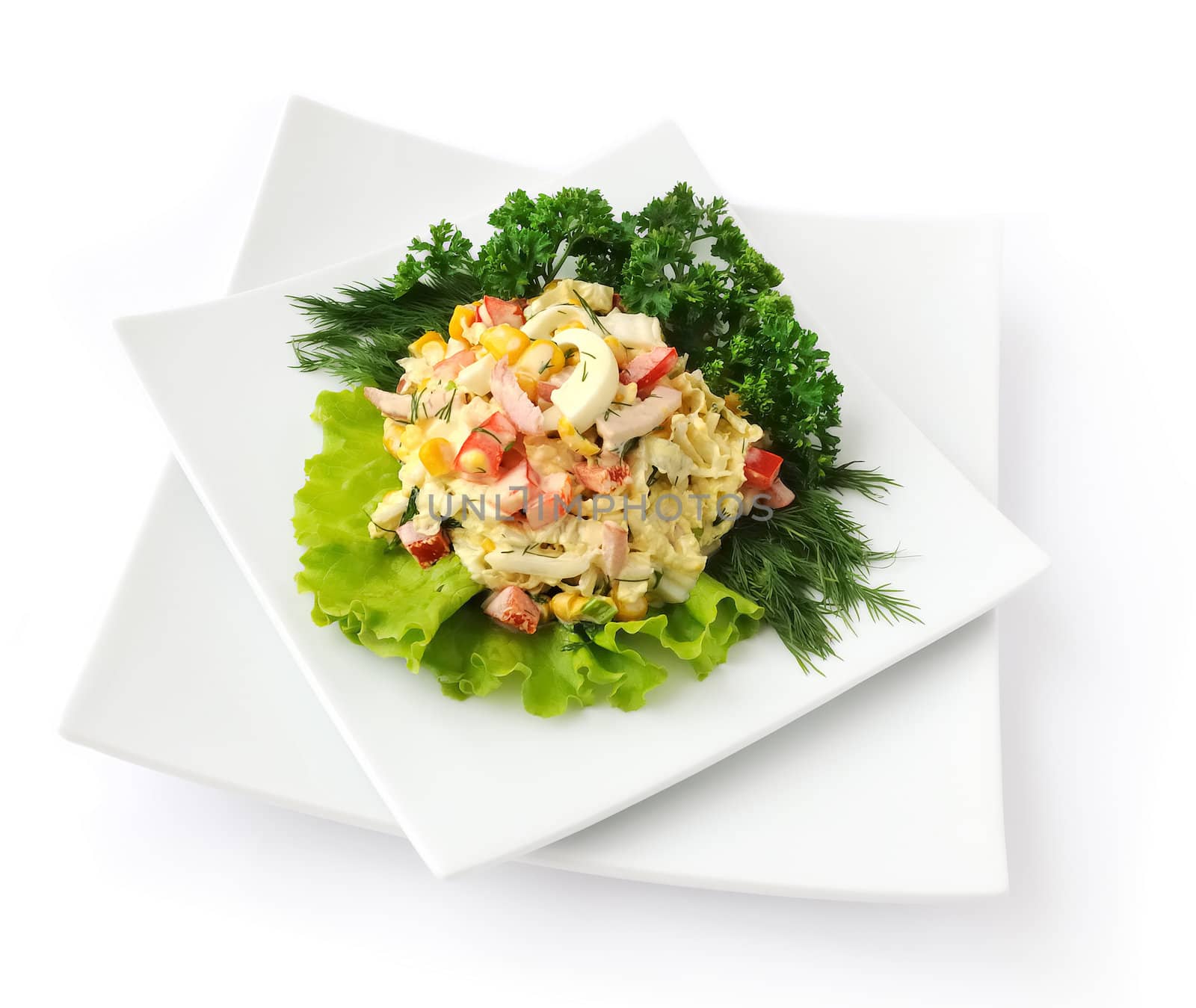 a salad of corn, Chinese cabbage, egg, ham, peppers and mayonnaise