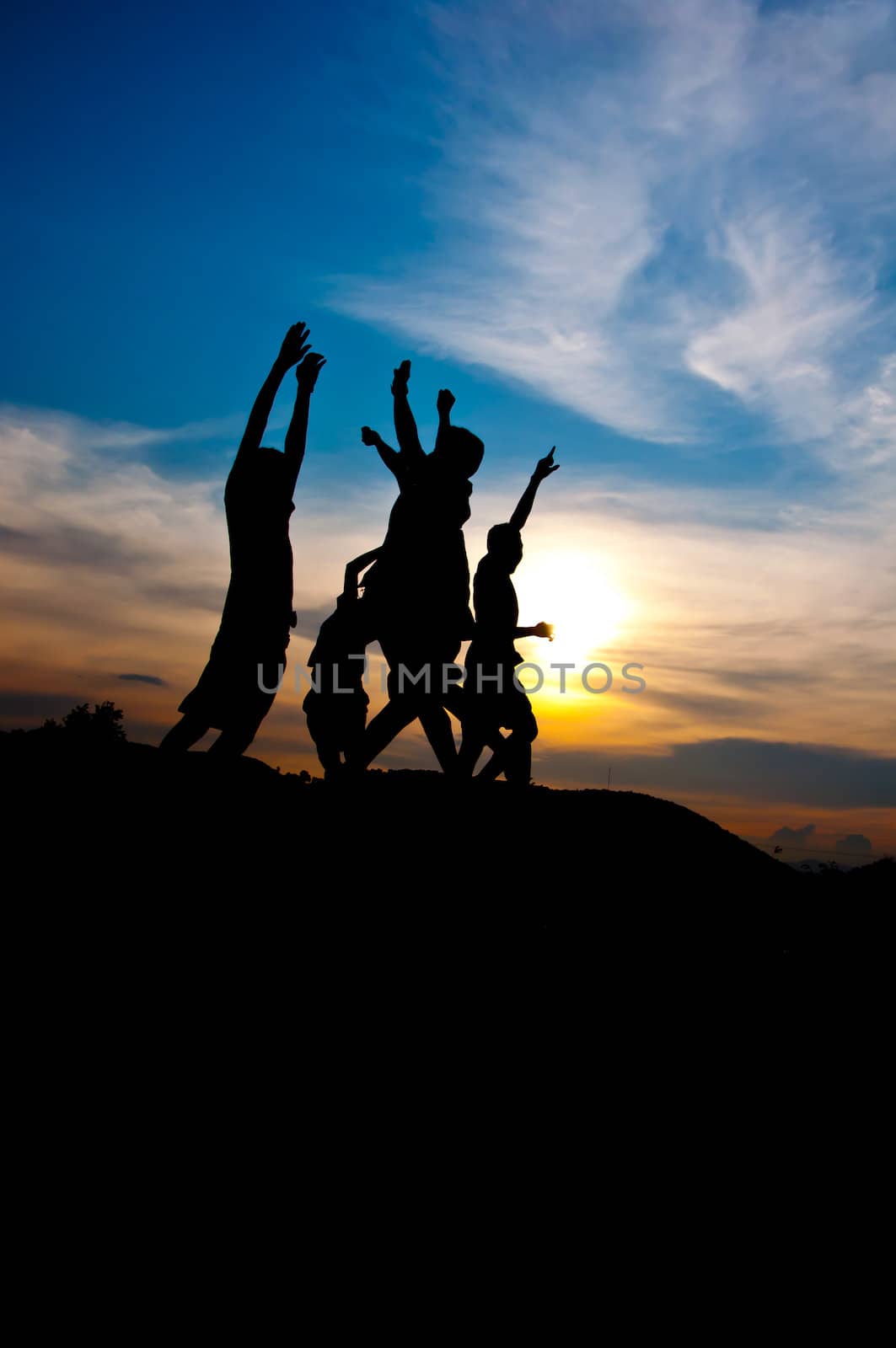 silhouette of boy happy and victory  together