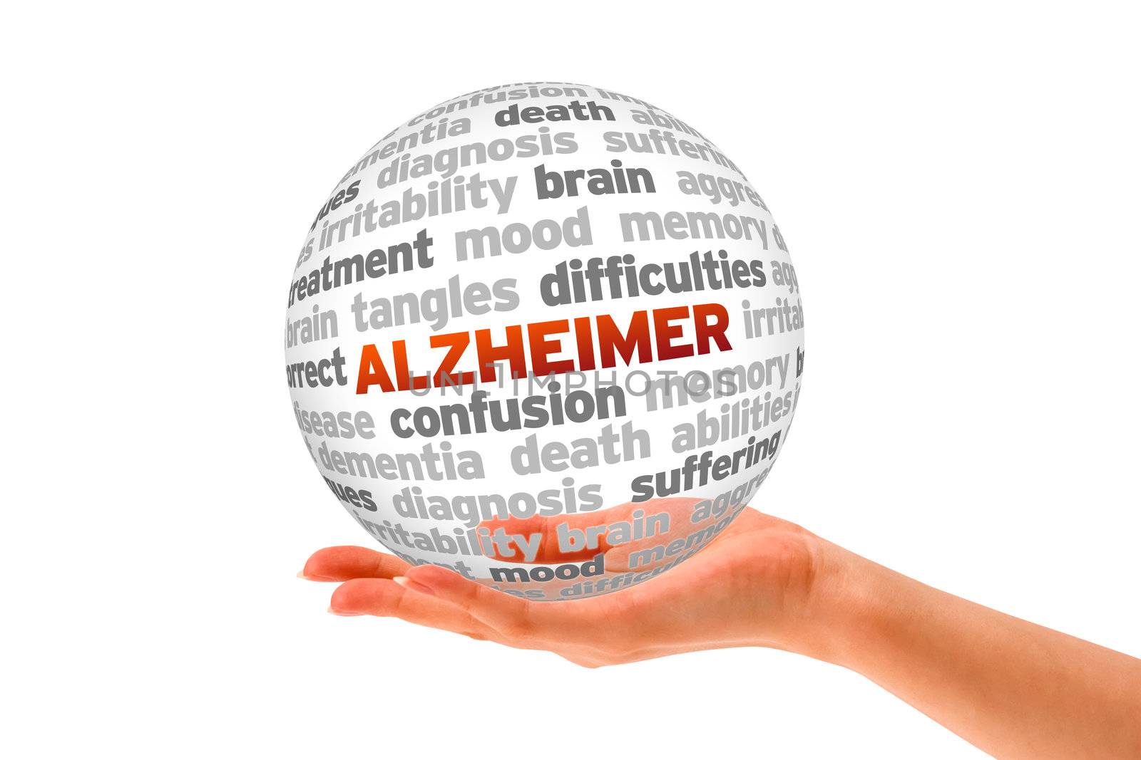 Hand holding a Alzheimer Word Sphere on white background. 