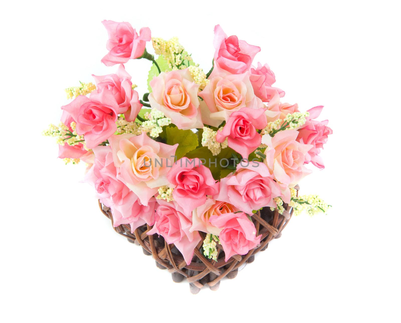 Wood basket roses isolated on white background