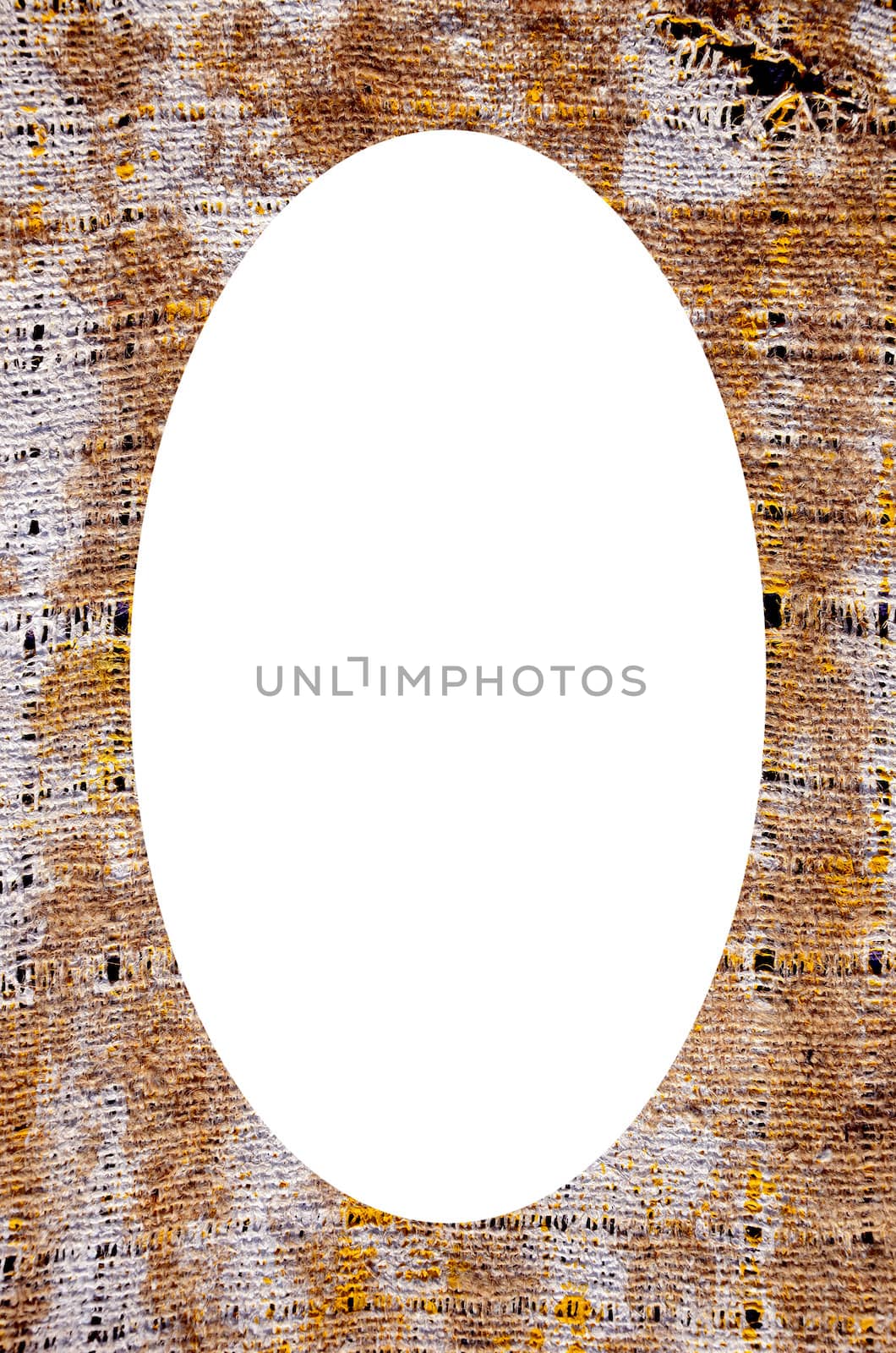 Isolated white oval place for text photograph image in center of vintage background. Very old material texture with holes in it.