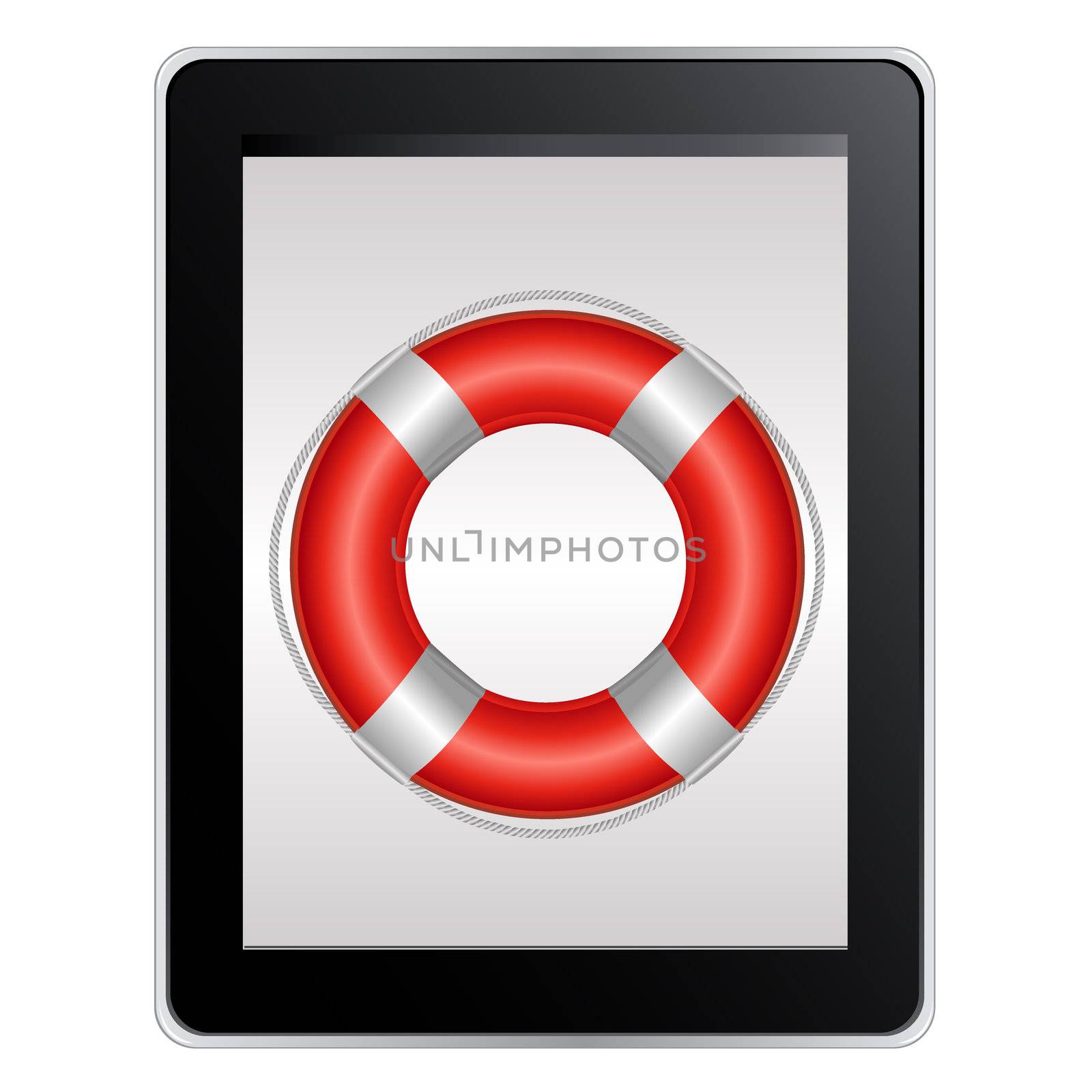 Tablet Computer With Life Buoy, Isolated On White Background, Vector Illustration
