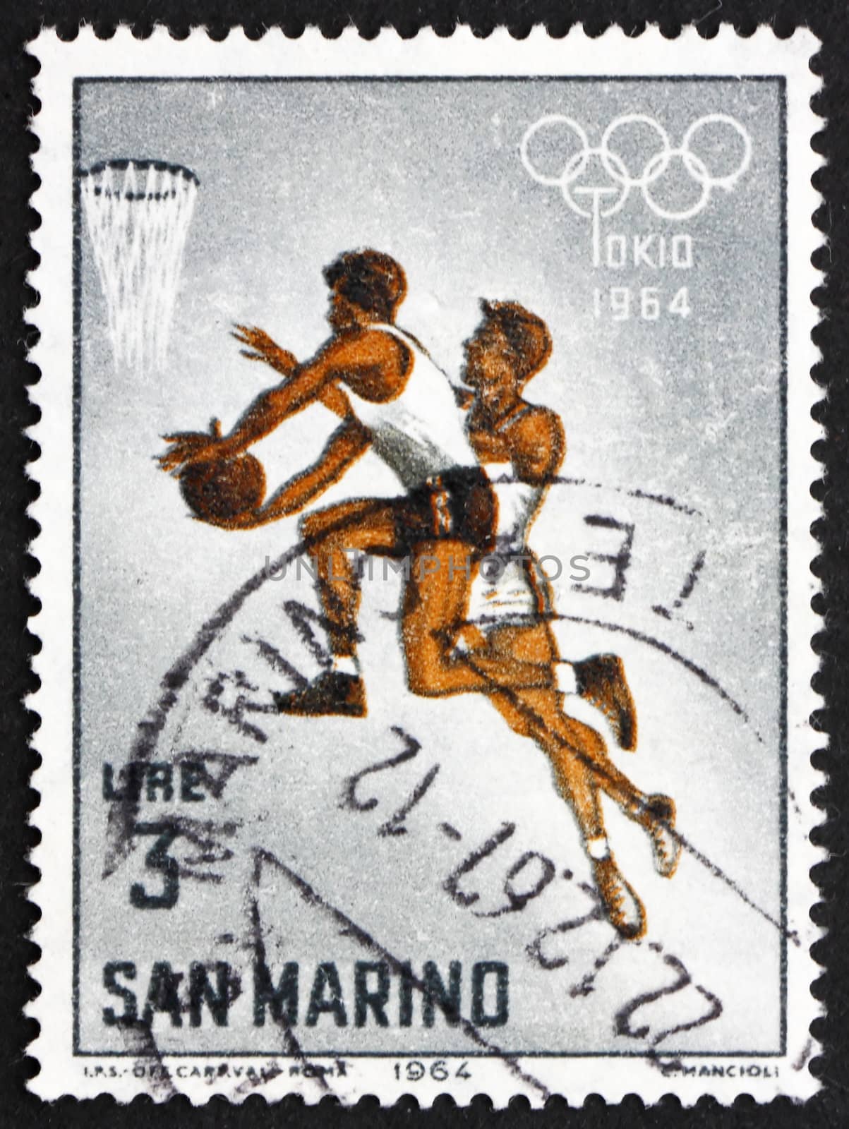 Postage stamp San Marino 1964 Basketball, 18th Olympic Games, To by Boris15