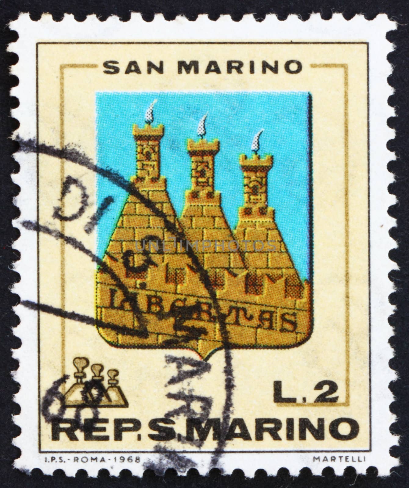 SAN MARINO - CIRCA 1968: a stamp printed in the San Marino shows Coat of Arms, Three Towers, San Marino, circa 1968