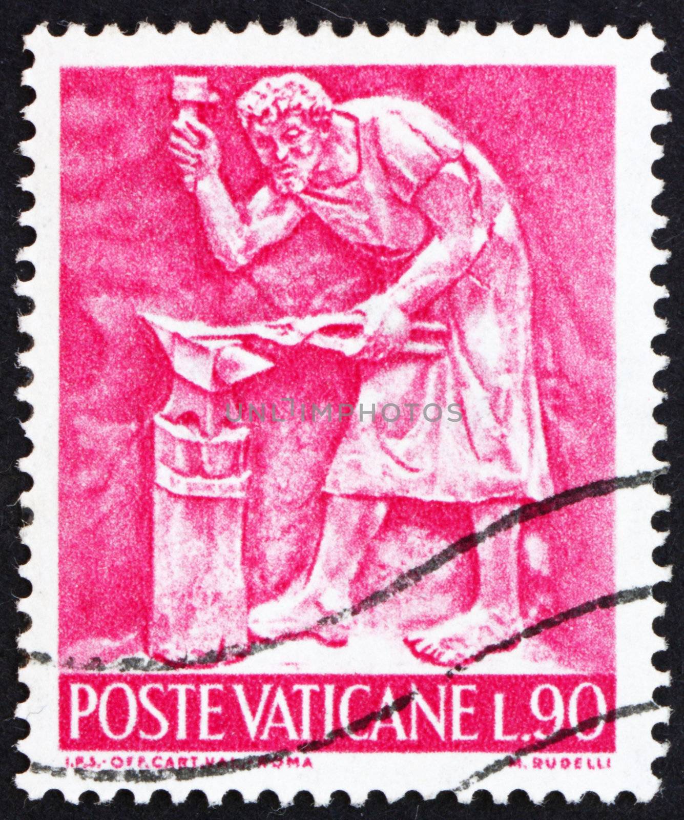 VATICAN - CIRCA 1966: a stamp printed in the Vatican shows Pope Paul VI, Blacksmith, Bas-relief by Mario Rudelli from the Chair in the Pope's Private Chapel, circa 1966