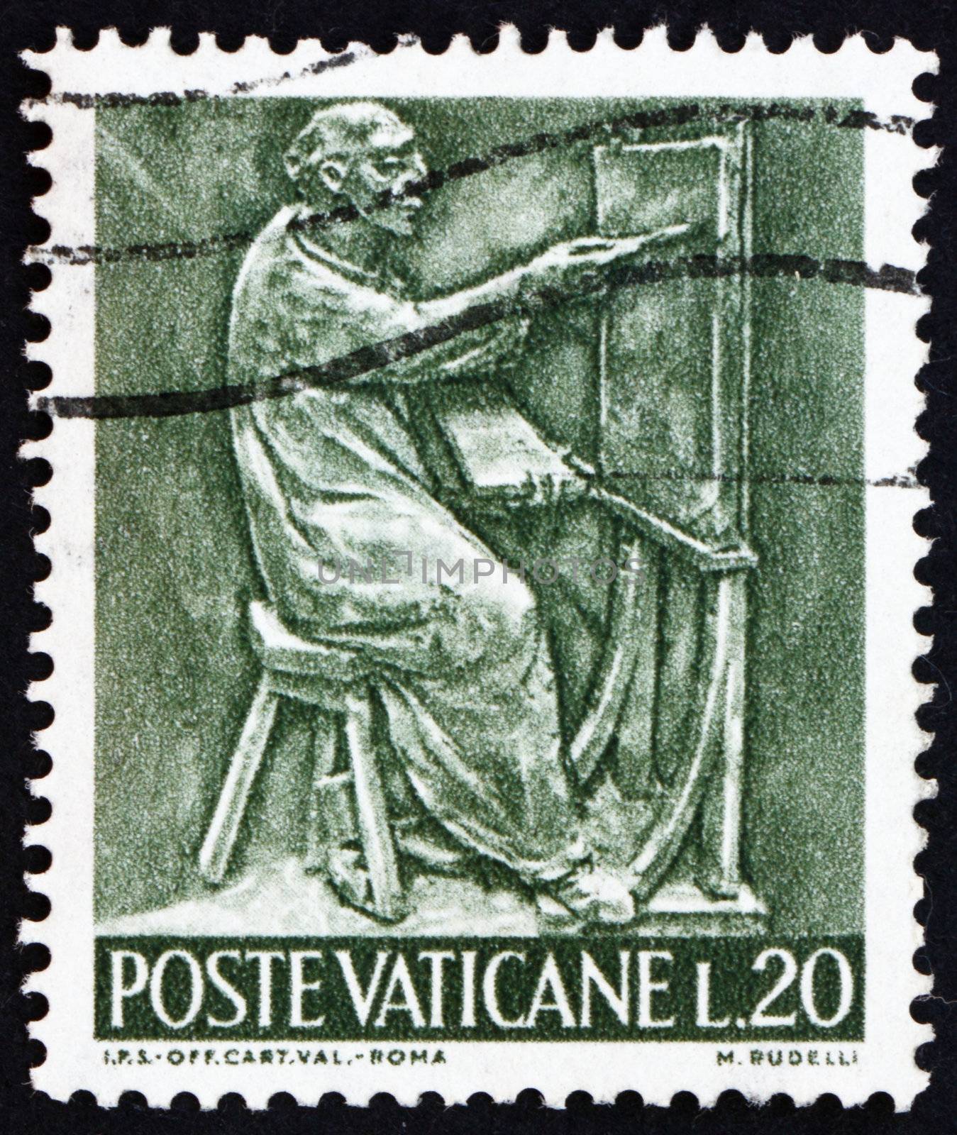VATICAN - CIRCA 1966: a stamp printed in the Vatican shows Pope Paul VI, Painter, Bas-relief by Mario Rudelli from the Chair in the Pope's Private Chapel, circa 1966