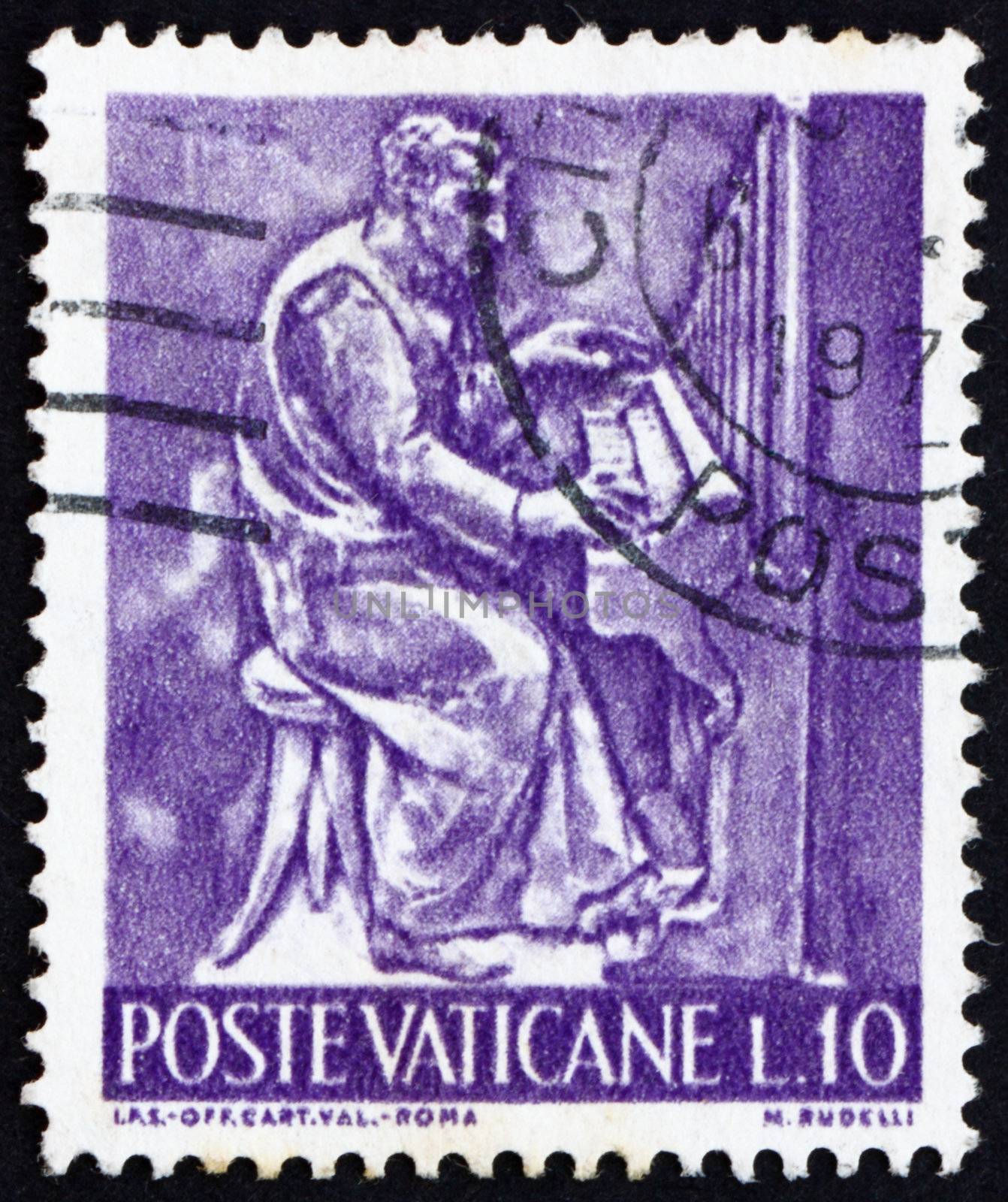 VATICAN - CIRCA 1966: a stamp printed in the Vatican shows Pope Paul VI, Organist, Bas-relief by Mario Rudelli from the Chair in the Pope's Private Chapel, circa 1966