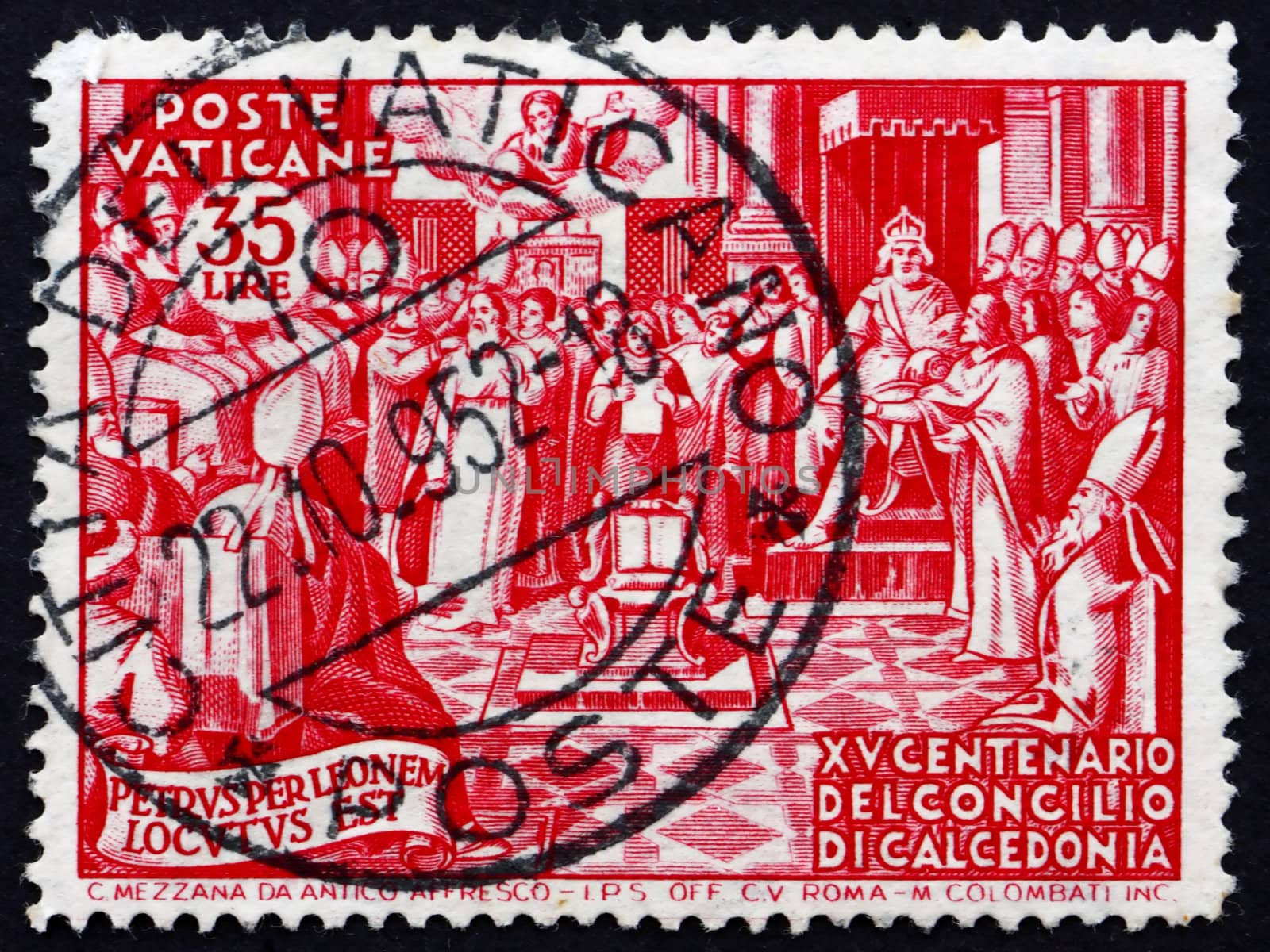 VATICAN - CIRCA 1951: a stamp printed in the Vatican shows Council of Chalcedon, 1500th Anniversary, circa 1951