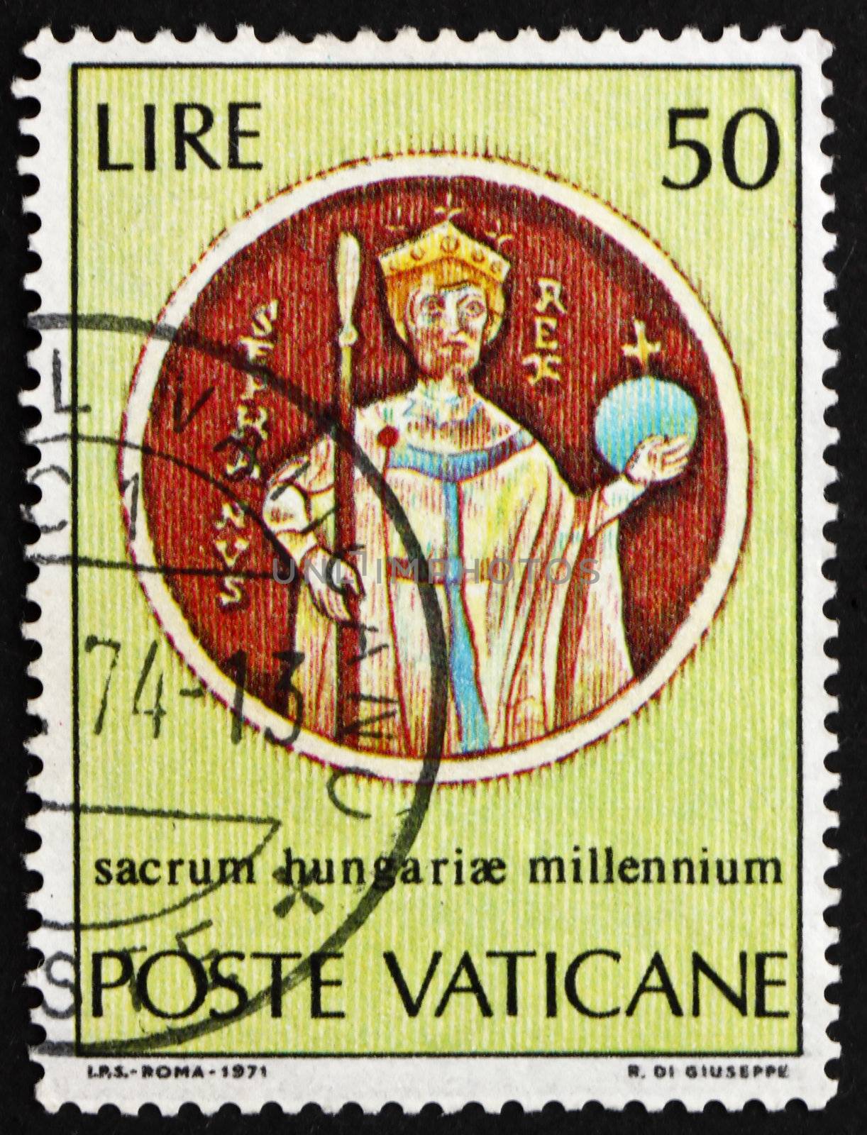 VATICAN - CIRCA 1971: a stamp printed in the Vatican shows St.Stephen, from Chasuble, Millenium of the Birth of St. Stephen, King of Hungary, circa 1971