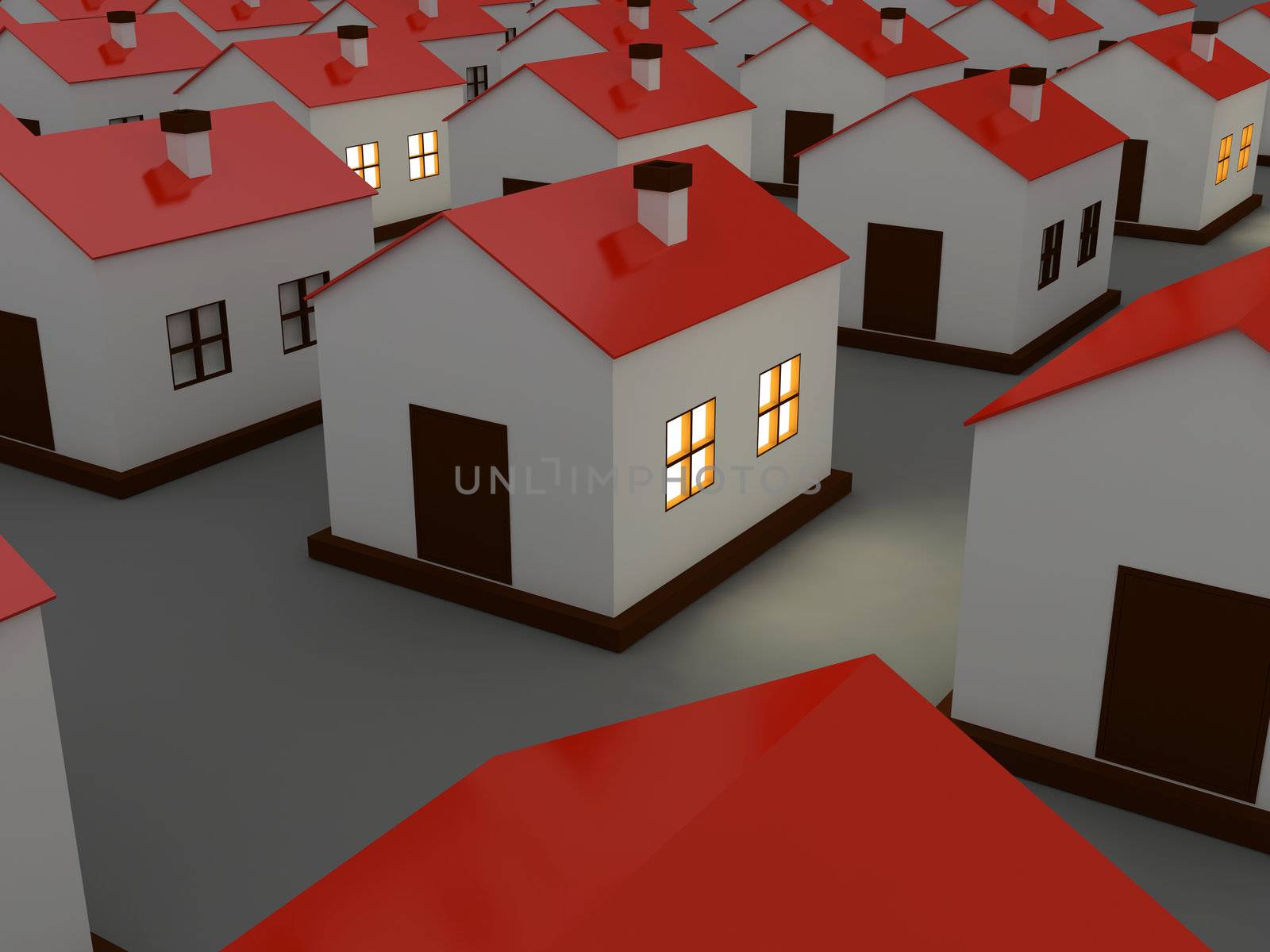 Small houses with red roof in the dark
