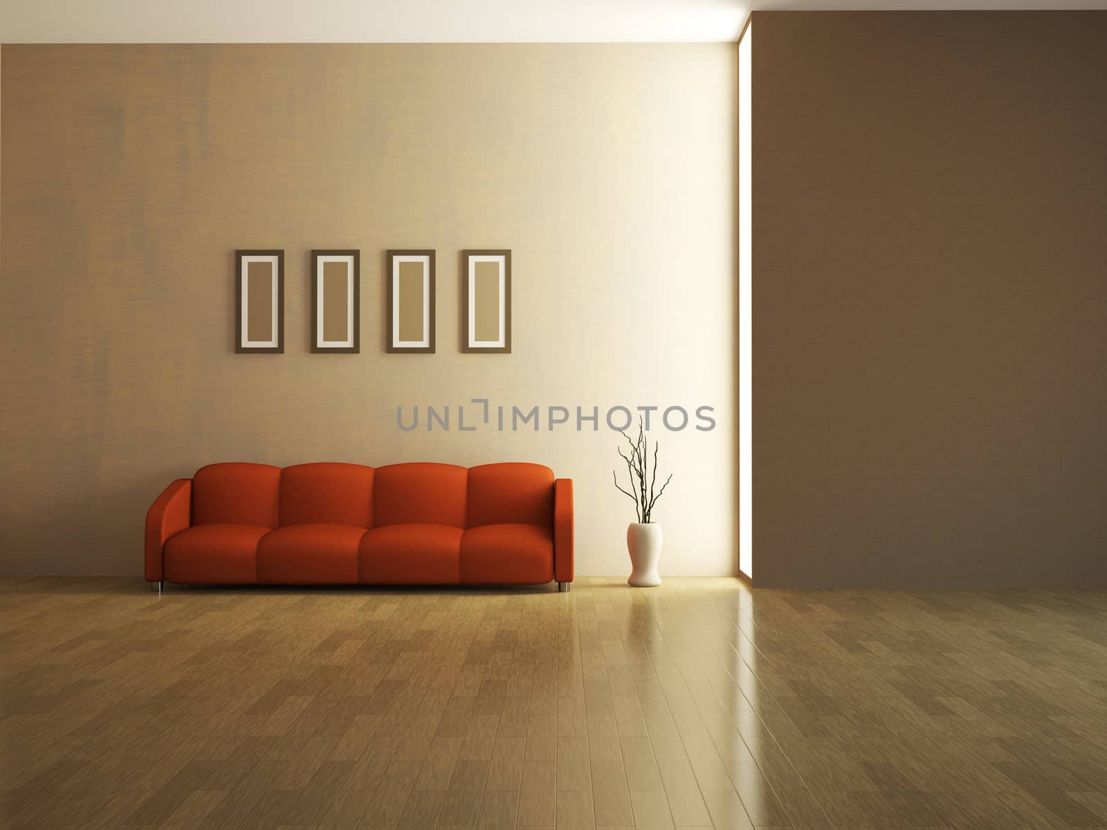 The interior of a large room with red sofa