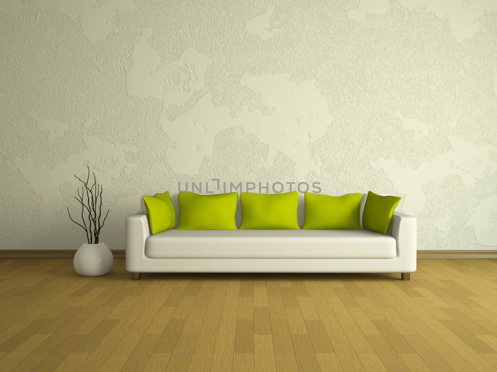White sofa with green pillows near a wall