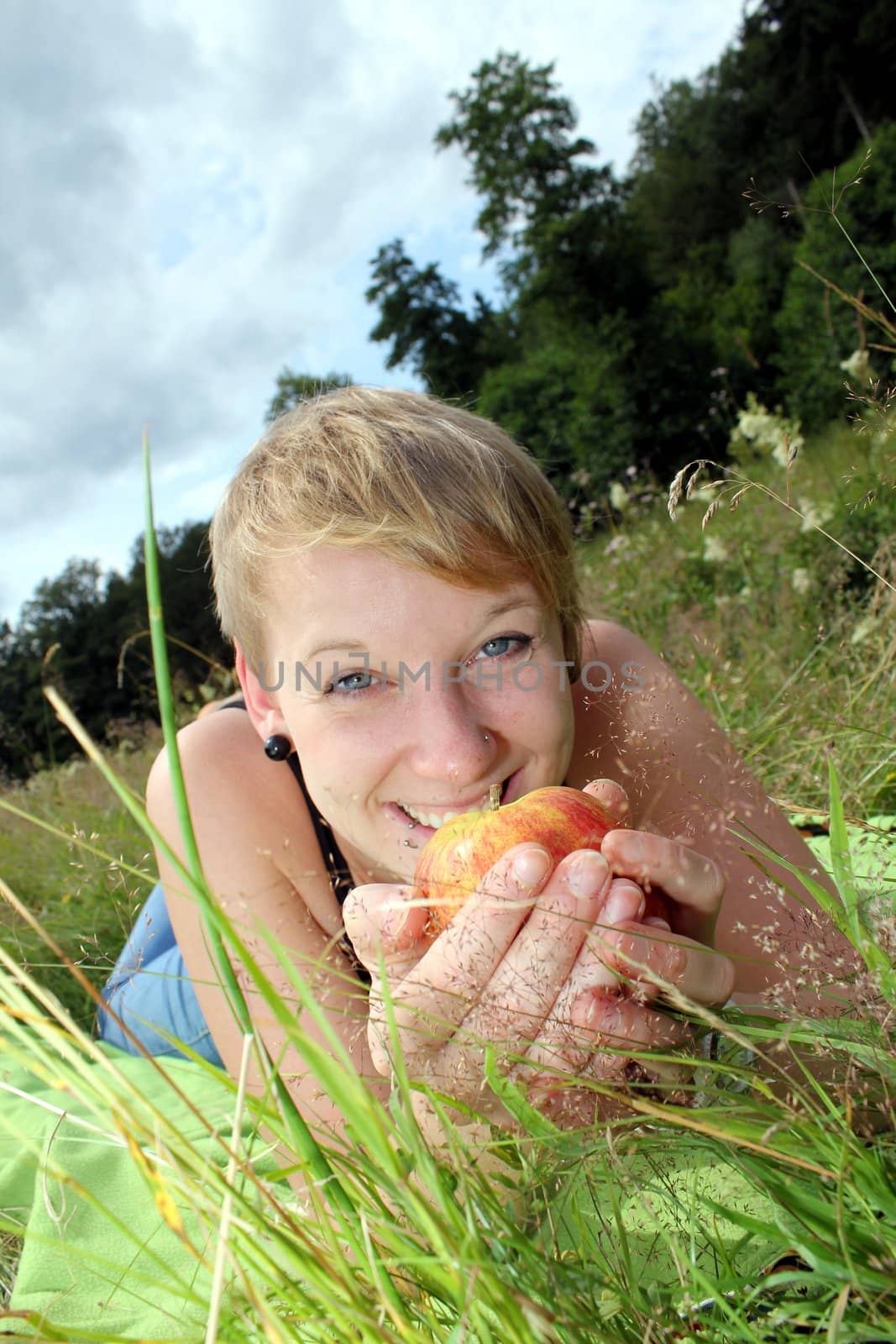 girl with apple on summer meadow by Teka77