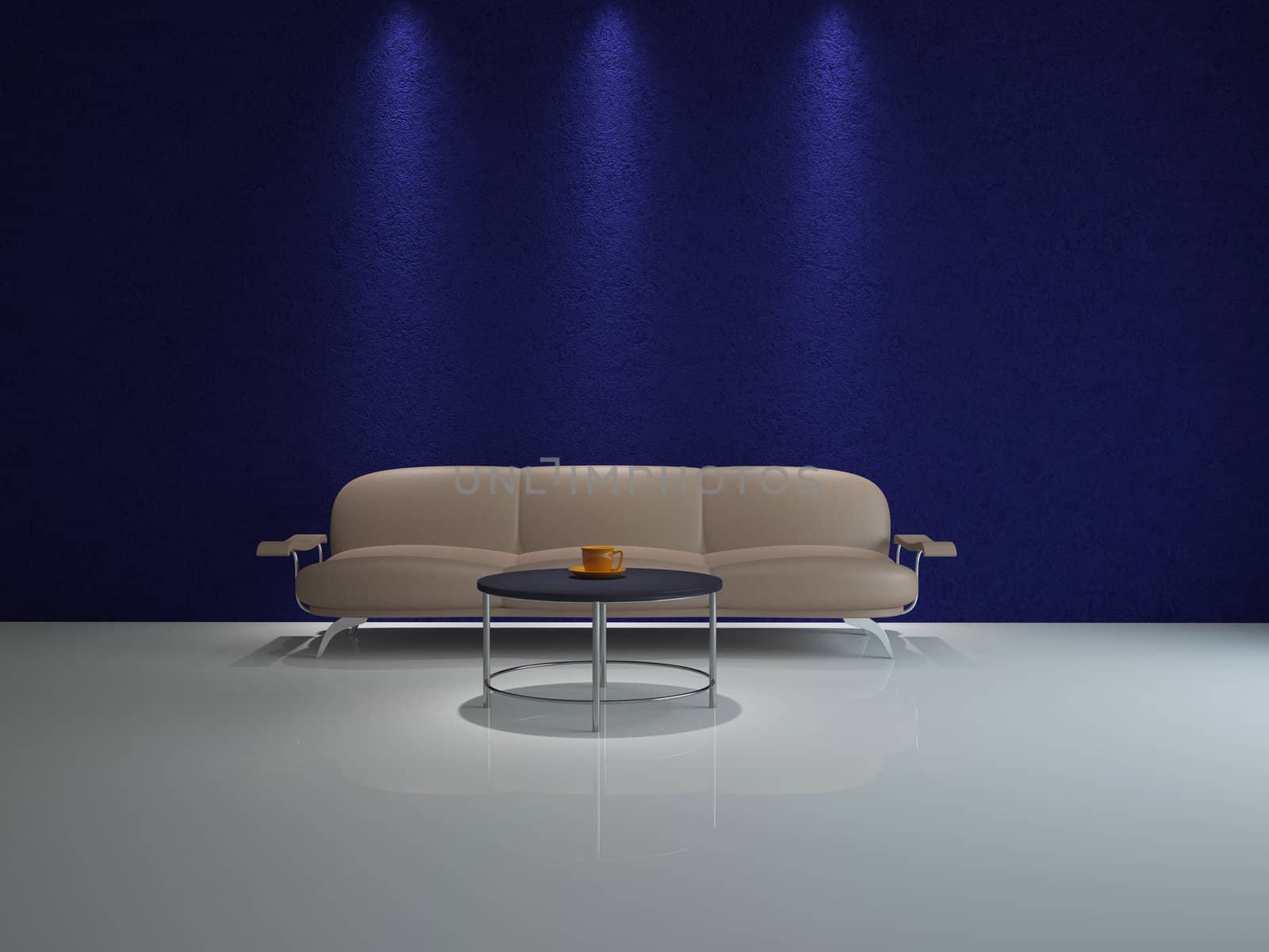 Interior with a leather sofa and a table
