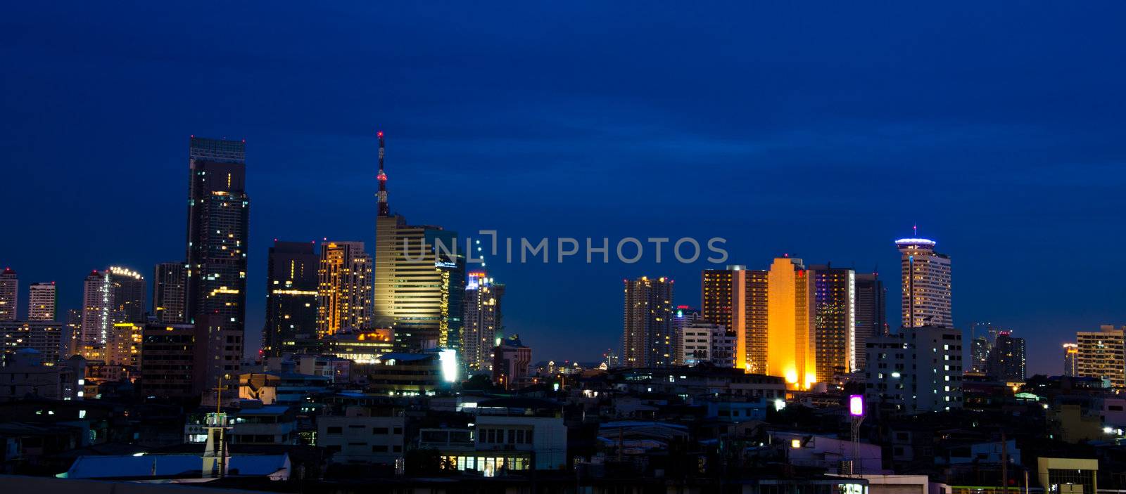 Panoramic view on nice big city at night, Bangkok, Thailand.
