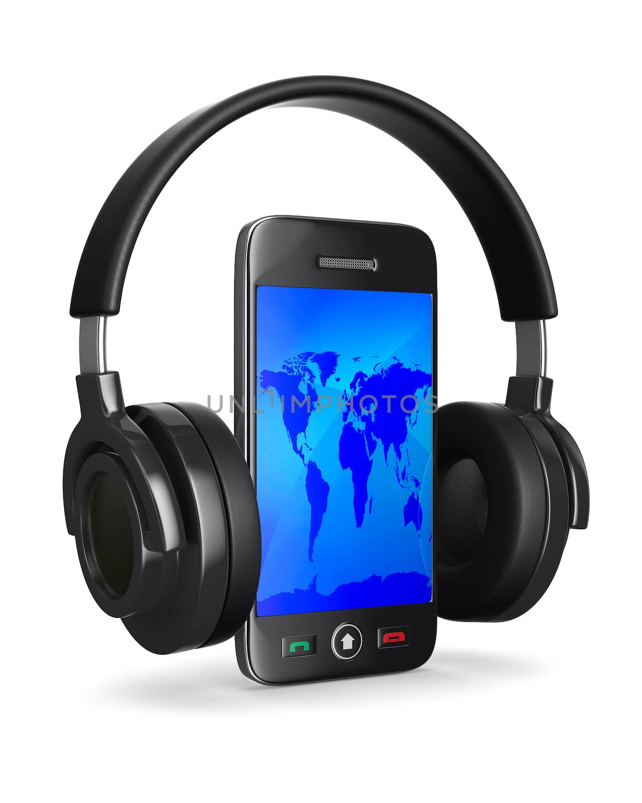 phone and headphone on white background. Isolated 3D image