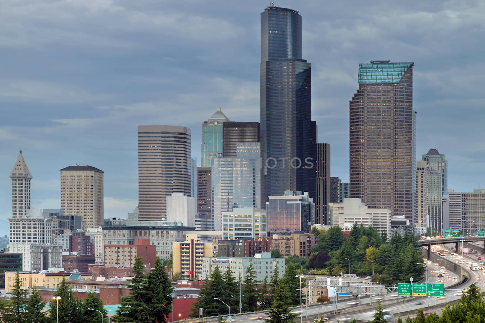 Seattle Washington City Skyline with Freeway Rush Hour Traffic