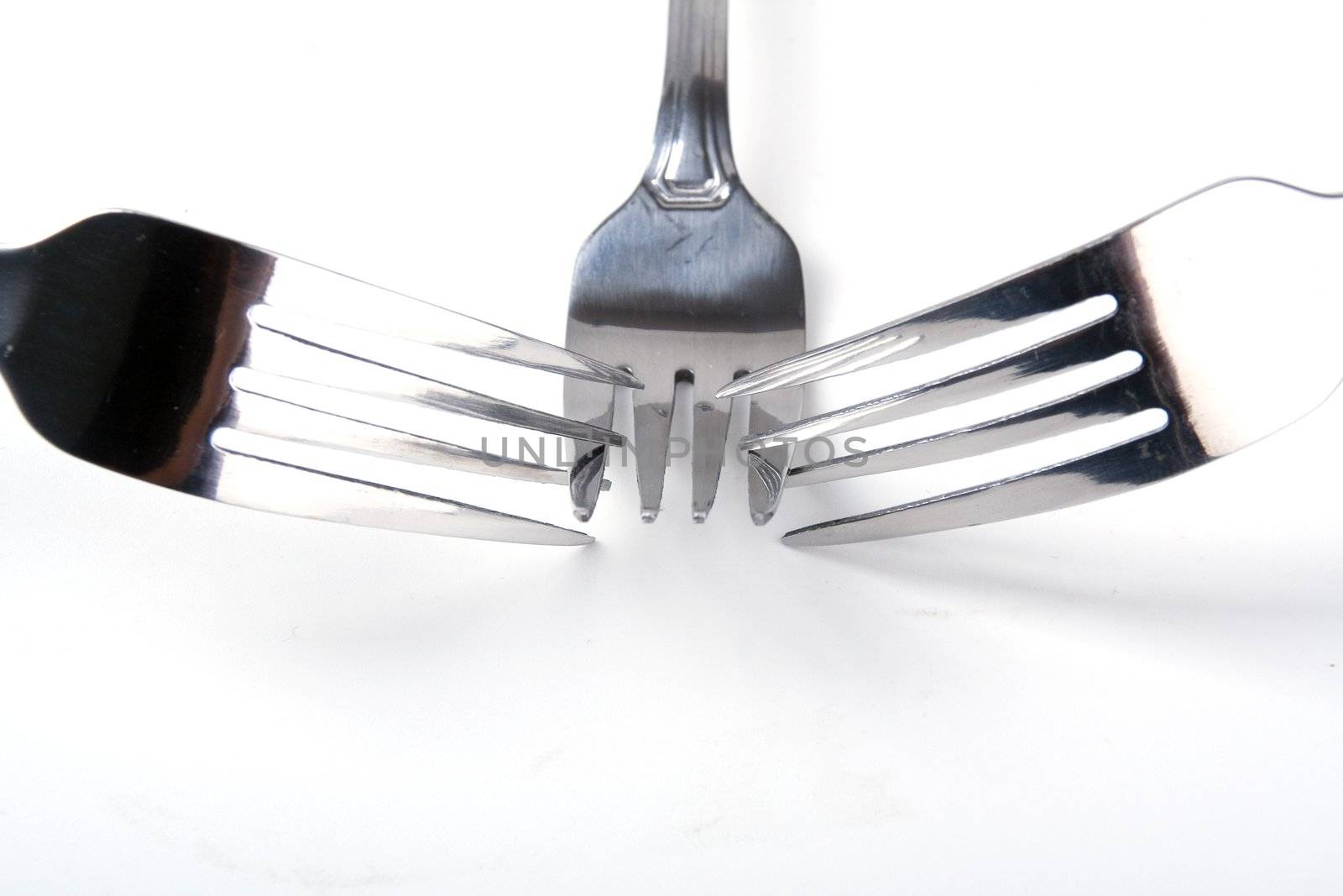 Shiny stainless steel forks on a white background