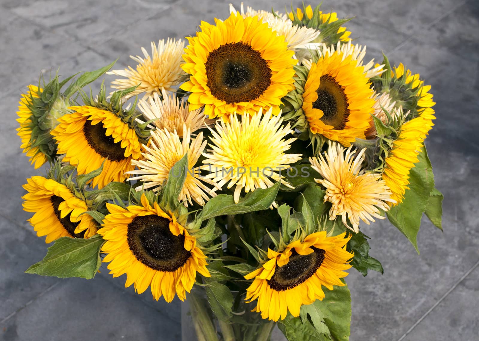 yellow chrysanteum and sunflowers bouquet