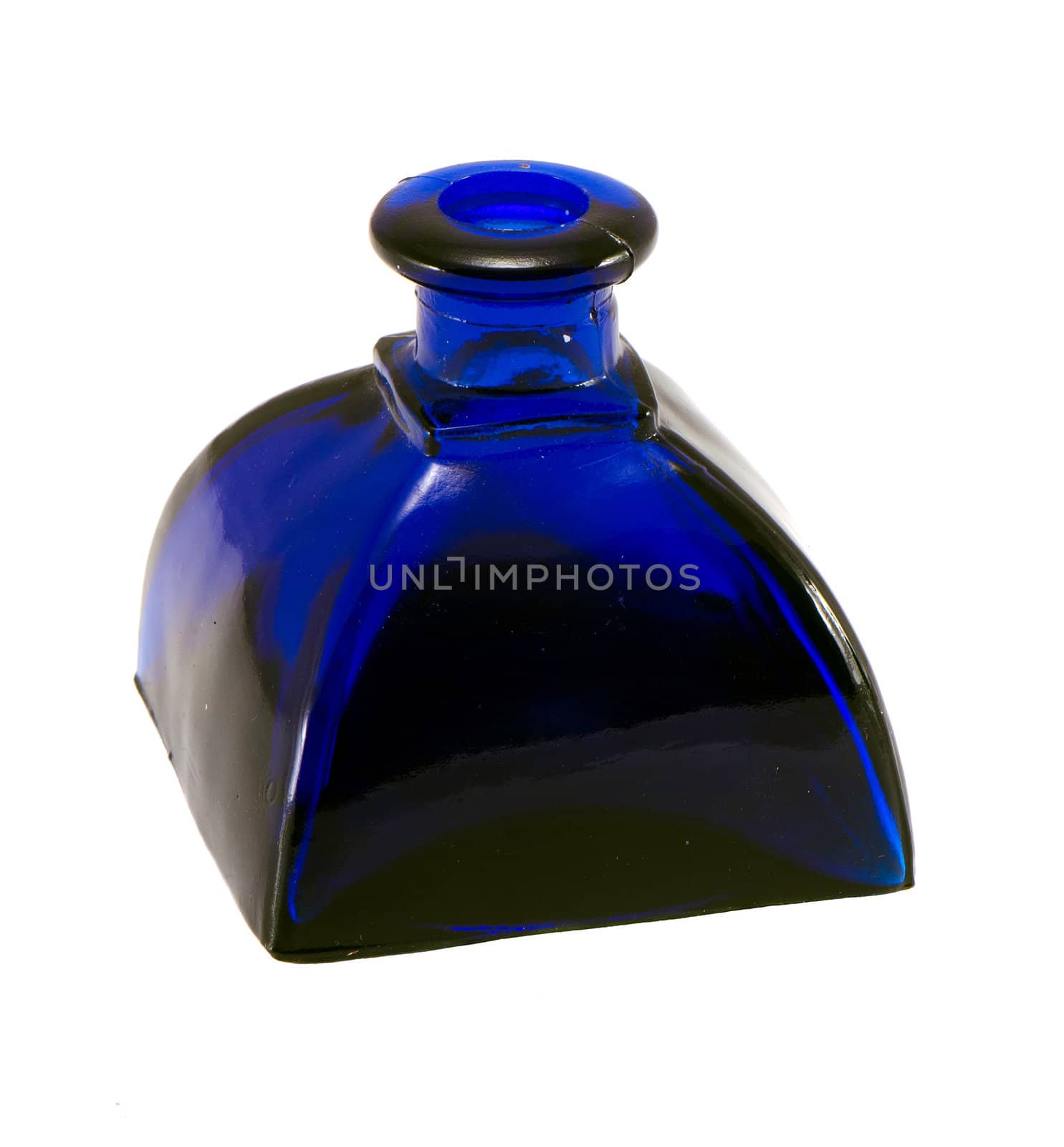Retro vintage bottle made of blue glass isolated on white background.