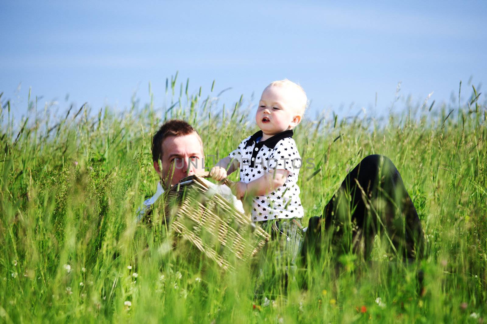  happy family on picnic in green grass