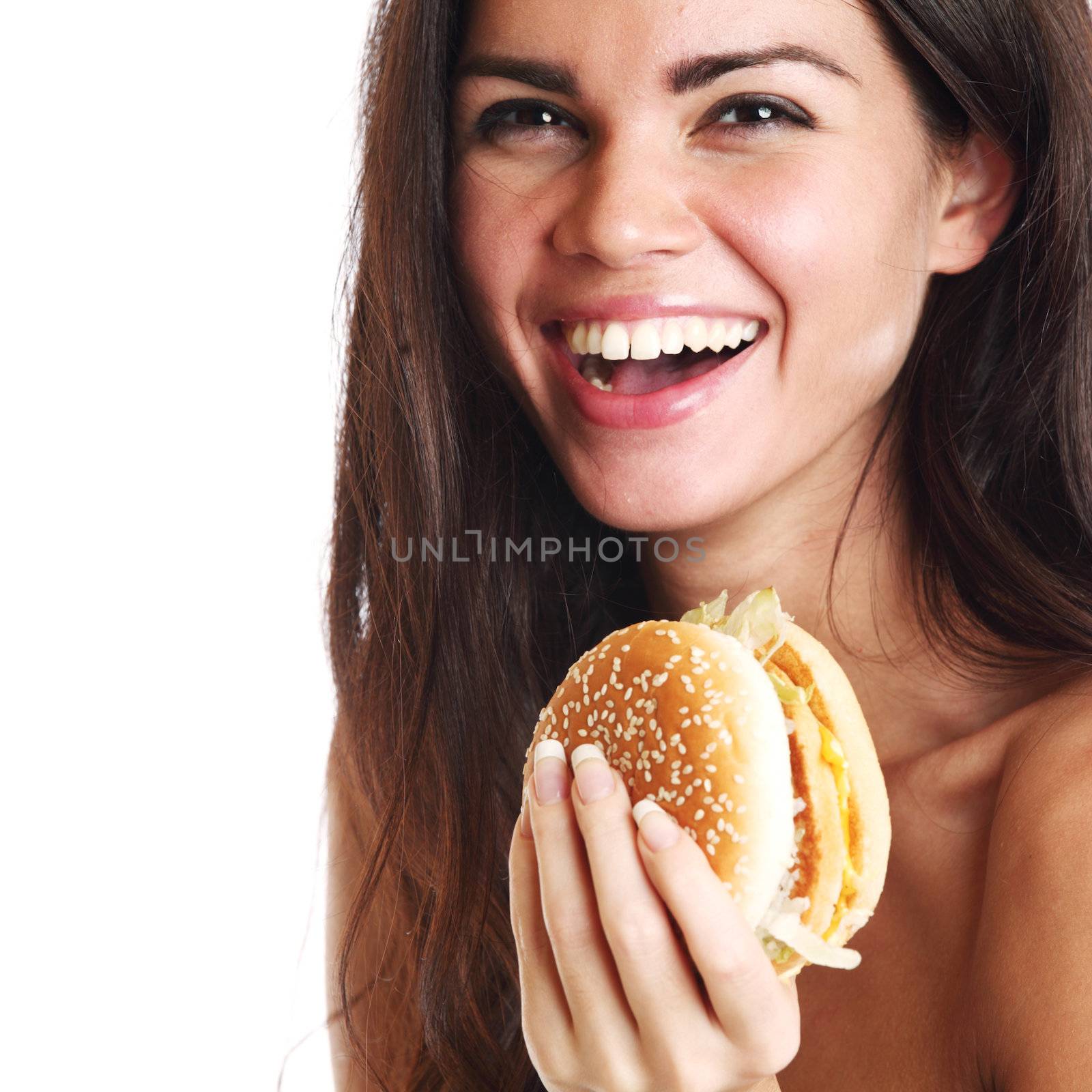 woman eat burger isolated on white background