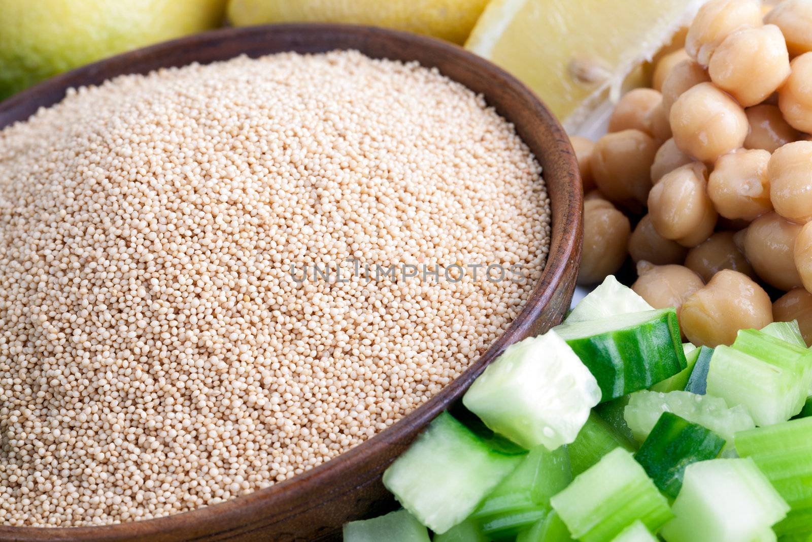 Healthy Amaranth grains with chopped cucumber and chick peas.