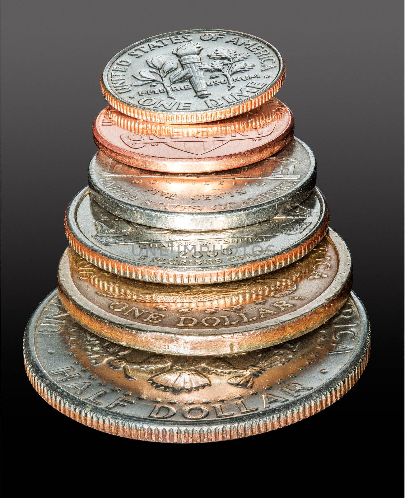 Macro stack of all the US coins circulating in USA from dollar and half dollar coin to cent