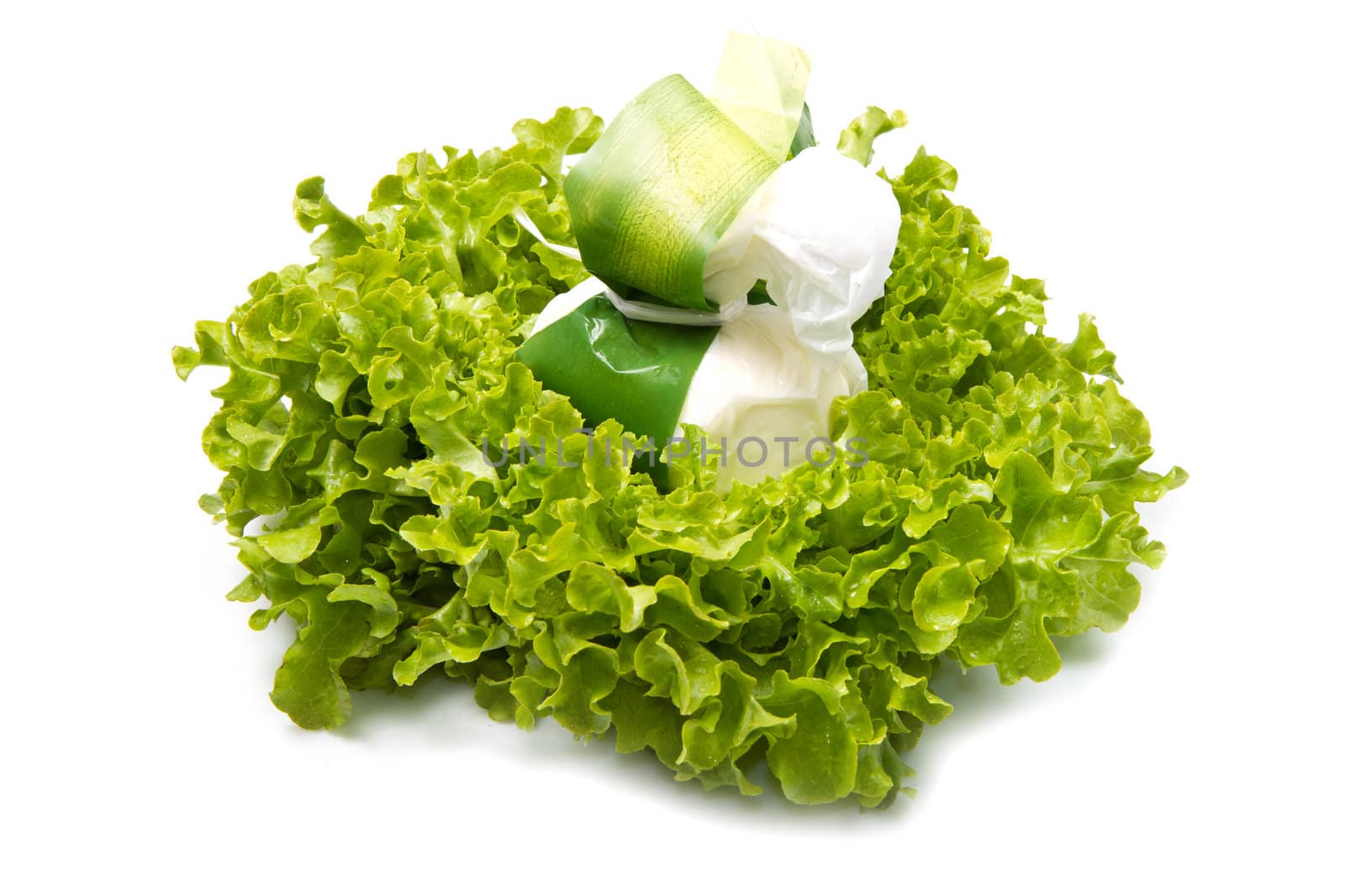 Burrata on salad on white background