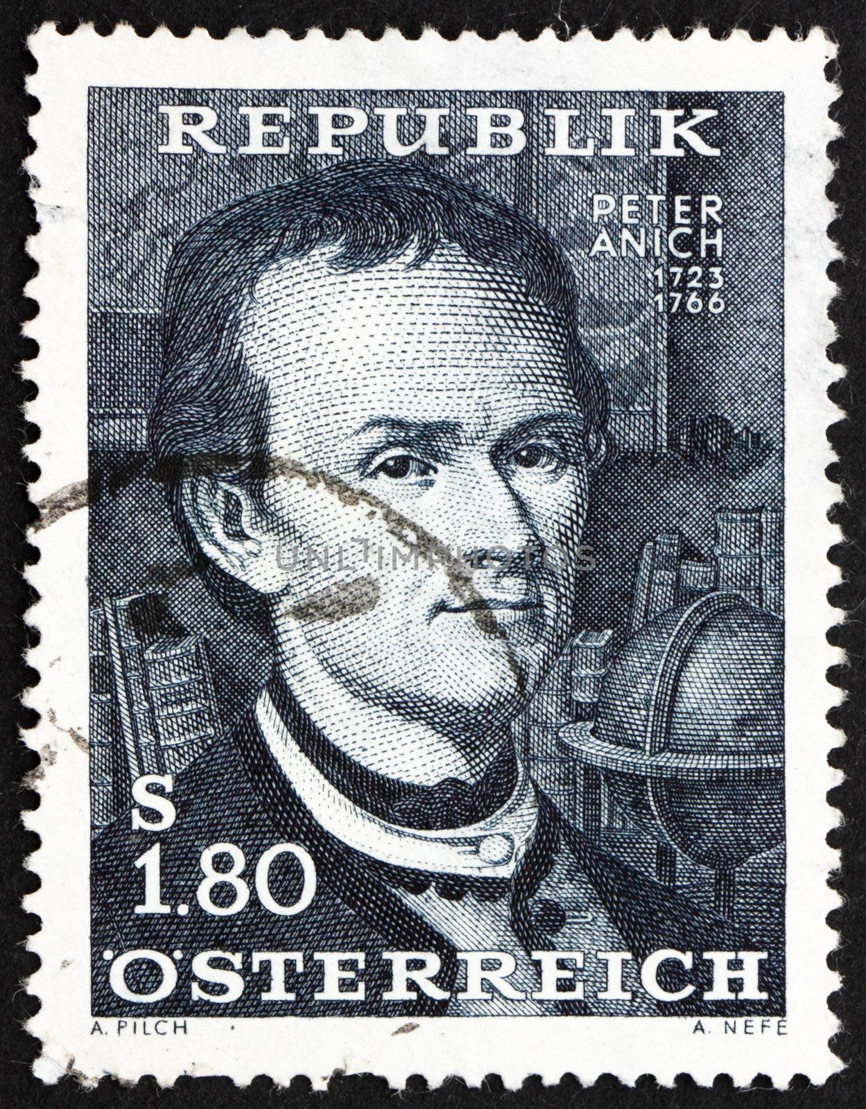 AUSTRIA - CIRCA 1966: a stamp printed in the Austria shows Peter Anich, Tirolean Cartographer and Books, circa 1966