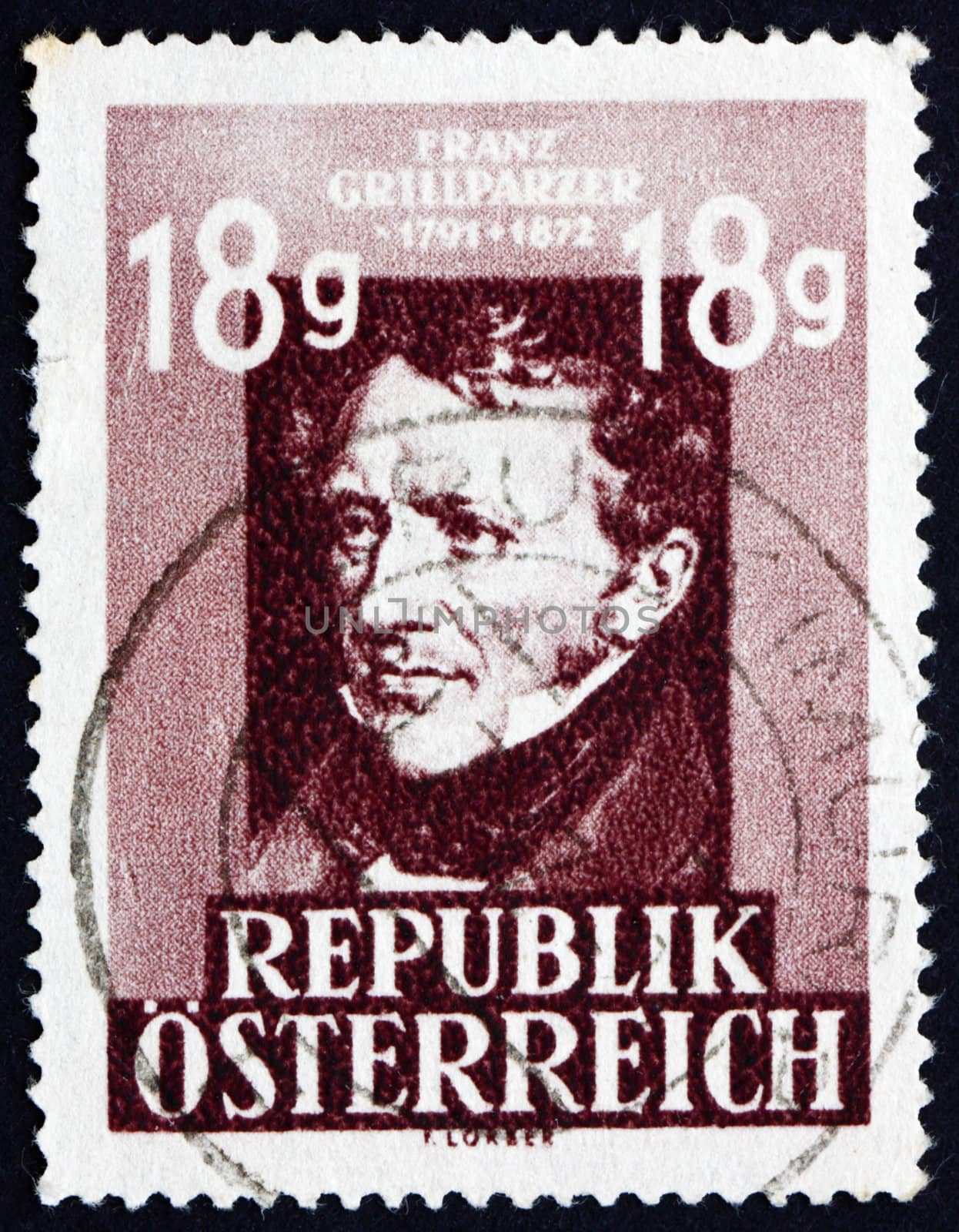 AUSTRIA - CIRCA 1947: a stamp printed in the Austria shows Franz Grillparzer, Dramatic Poet, 75th Anniversary of the Death, circa 1947