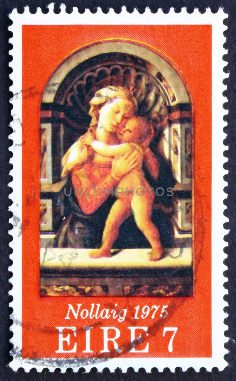IRELAND - CIRCA 1975: a stamp printed in the Ireland shows Madona and Child, Painting by Fra Filippo Lippi, Christmas, circa 1975