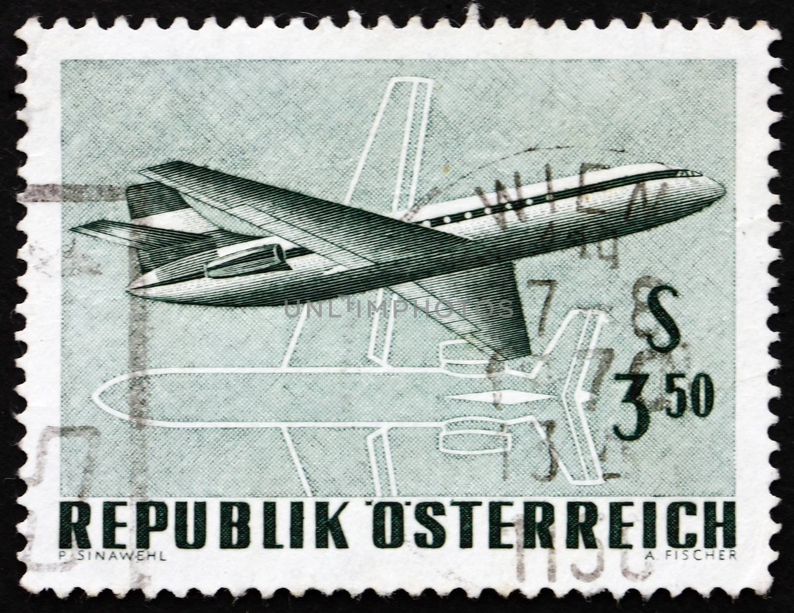 AUSTRIA - CIRCA 1968: a stamp printed in the Austria shows Twin-engine Jet Airliner, circa 1968