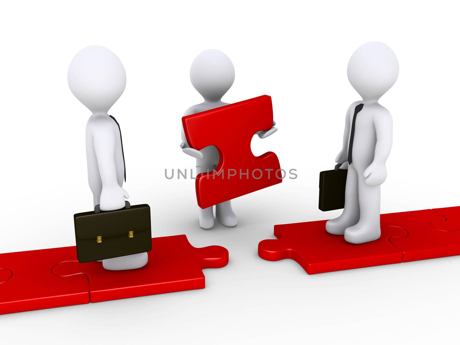 Two 3d businessmen standing on red puzzle path and another is holding the missing piece