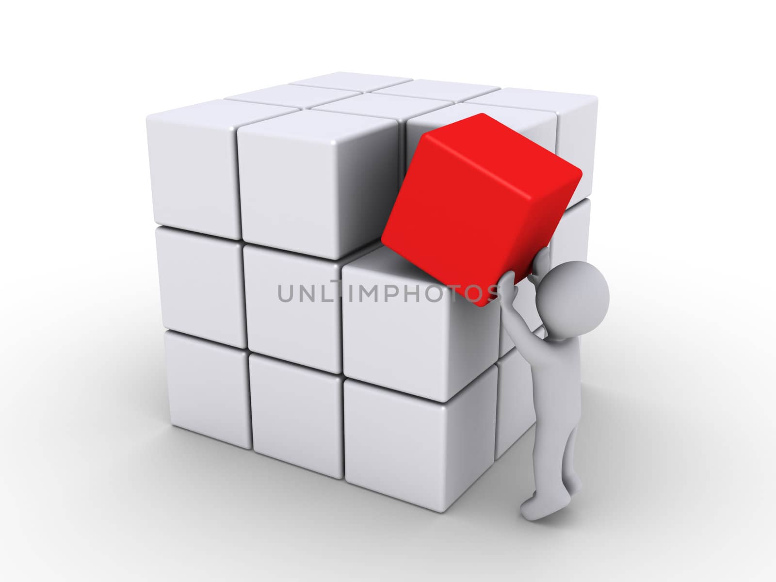 3d person putting red cube with other white ones