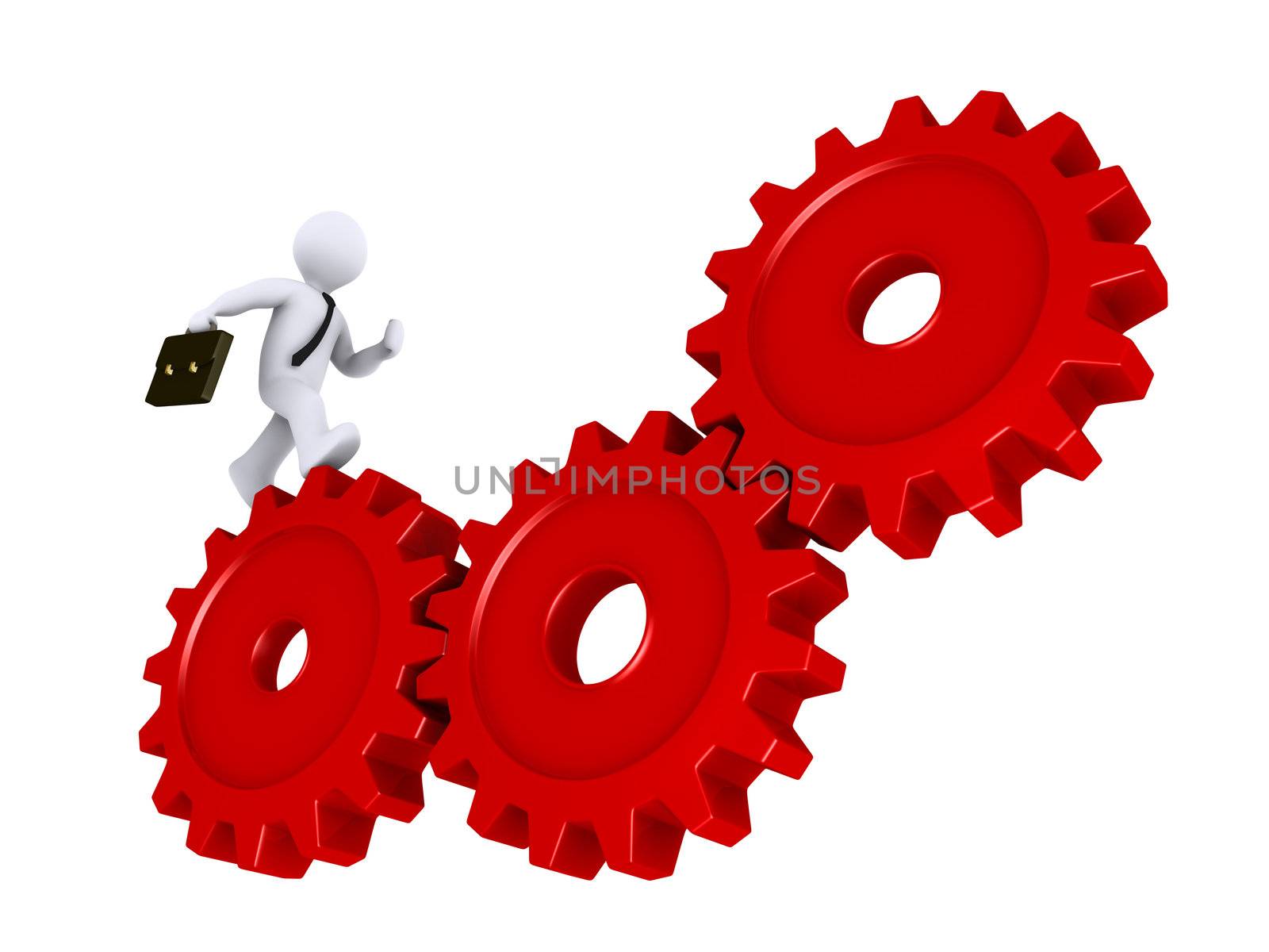 3d businessman is running on three red cogs